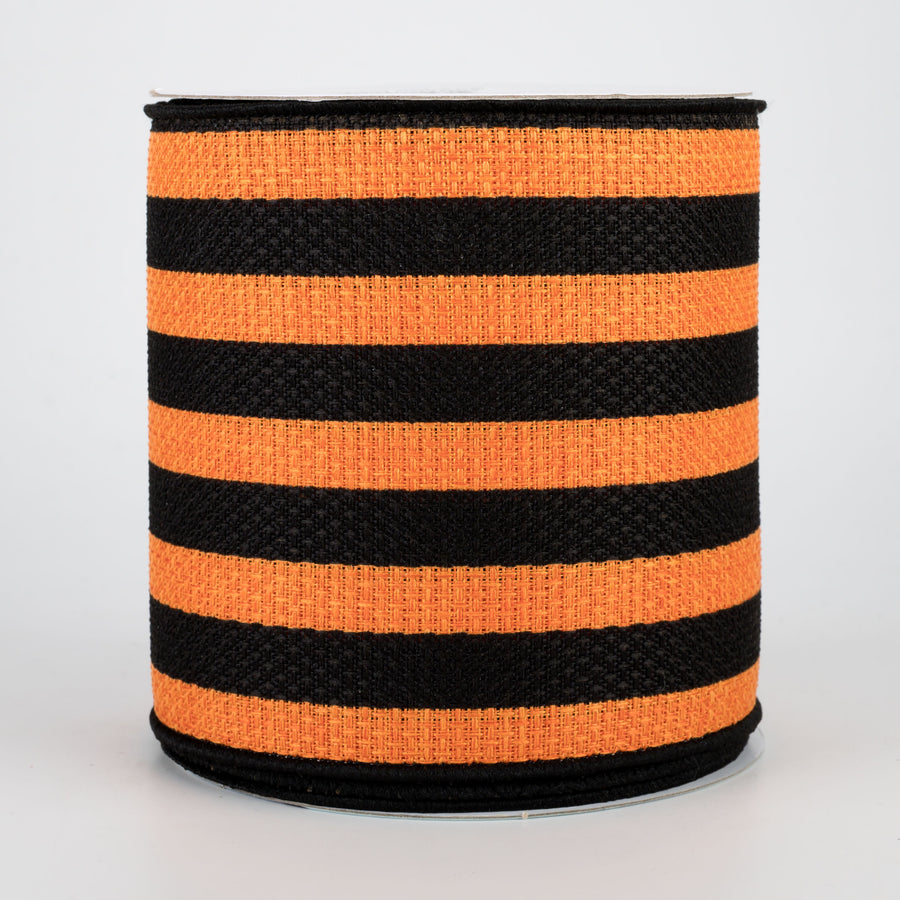 4" Vertical Stripe Faux Burlap Ribbon: Black & Orange (10 Yards)