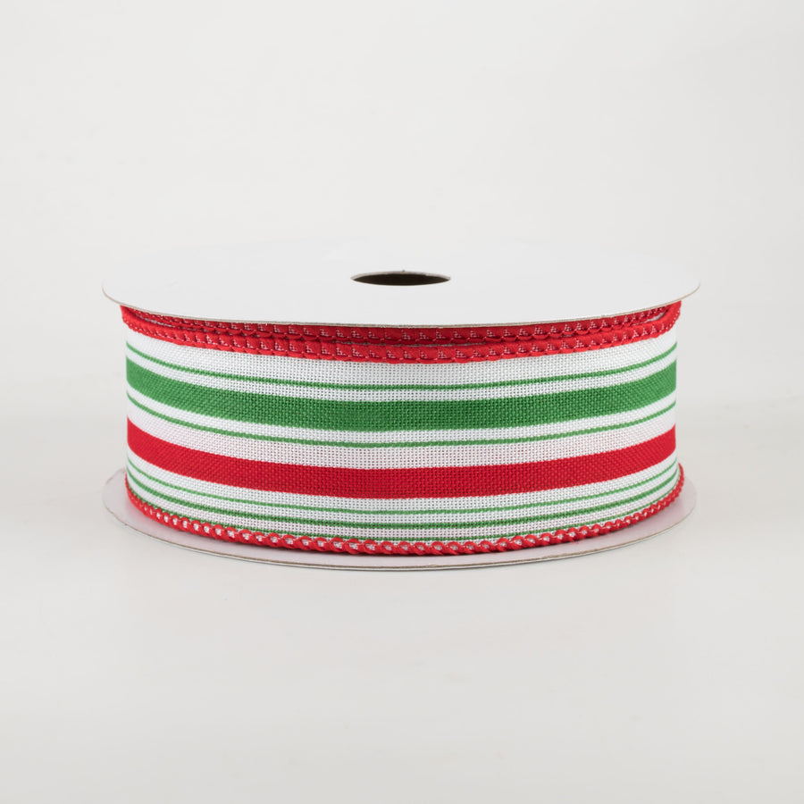 1.5" Vertical Ticking Stripe Ribbon: White, Red, Emerald (10 Yards)