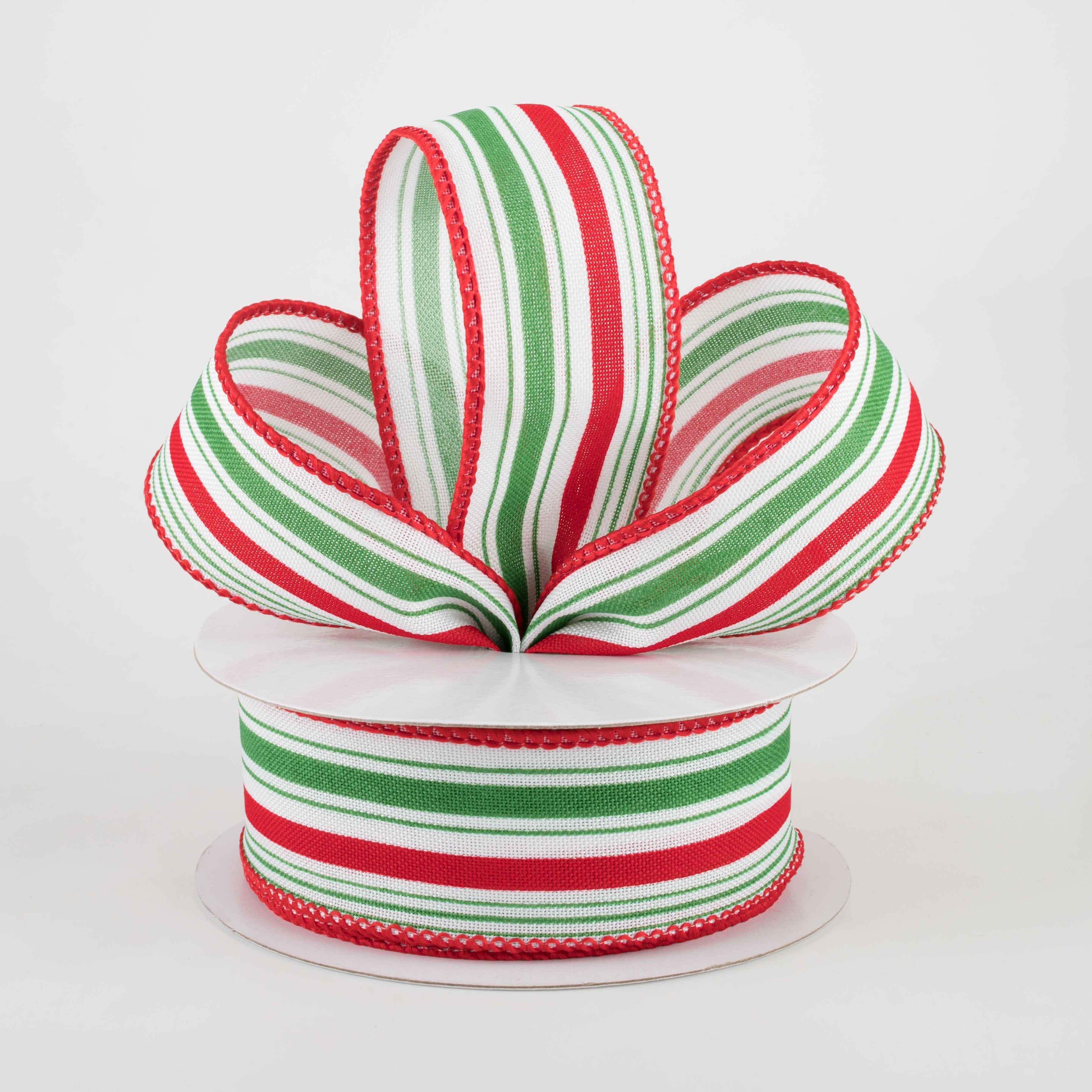 1.5" Vertical Ticking Stripe Ribbon: White, Red, Emerald (10 Yards) Lifestyle Photo