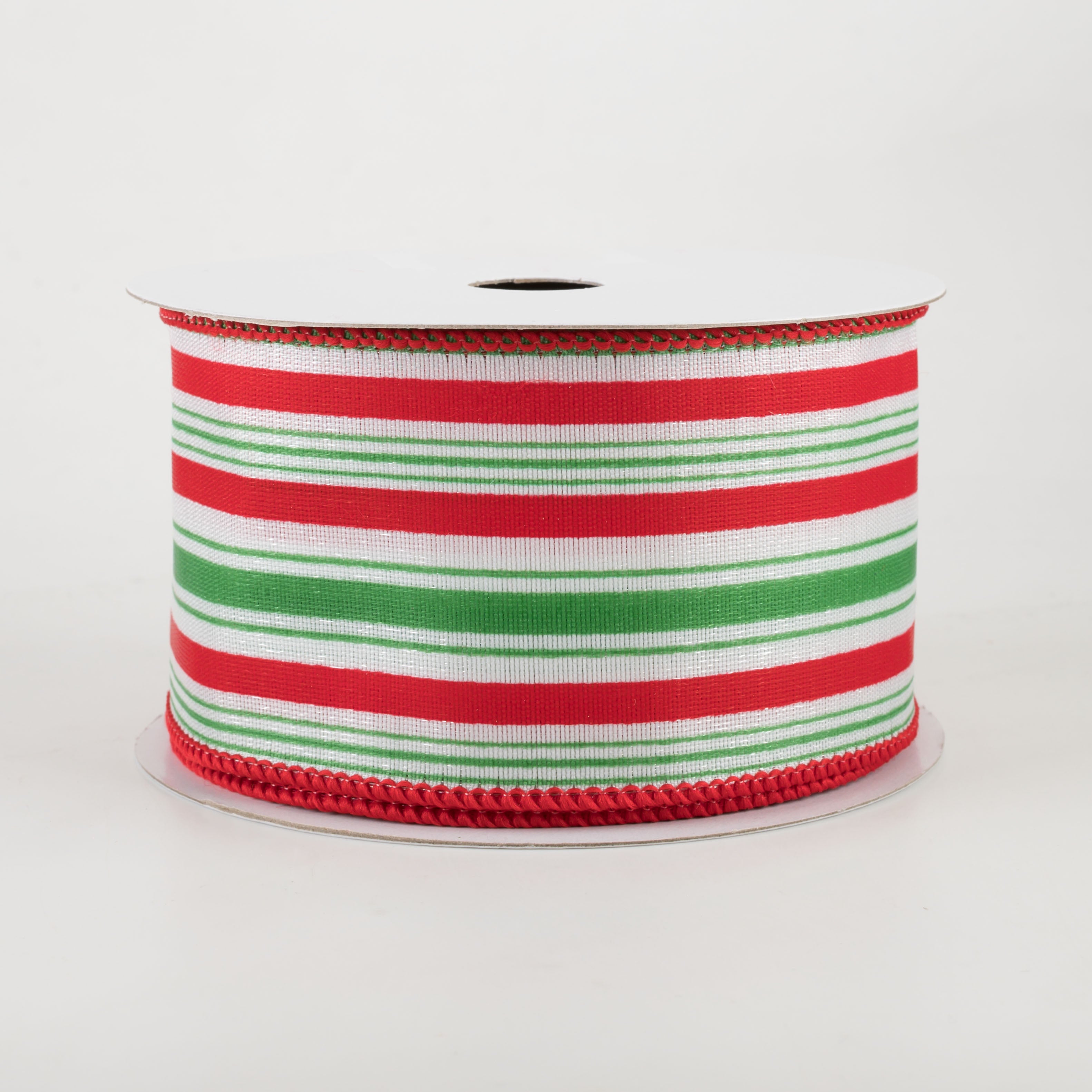 2.5" Vertical Ticking Stripe Ribbon: White, Red, Emerald (10 Yards)