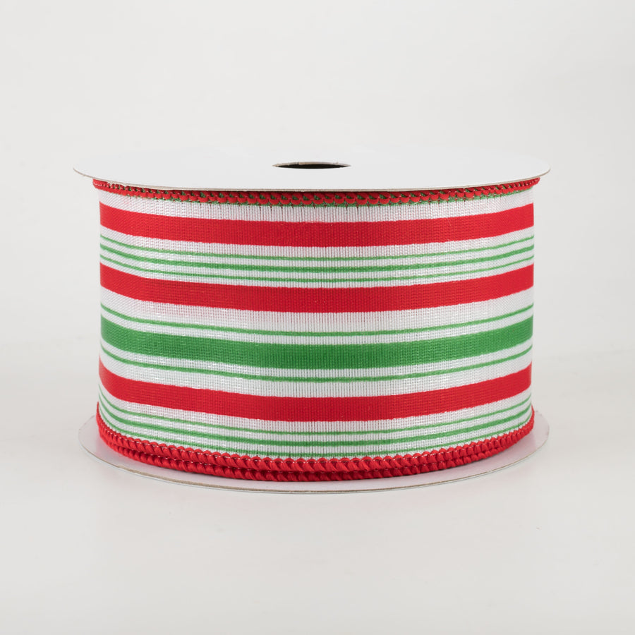 2.5" Vertical Ticking Stripe Ribbon: White, Red, Emerald (10 Yards)