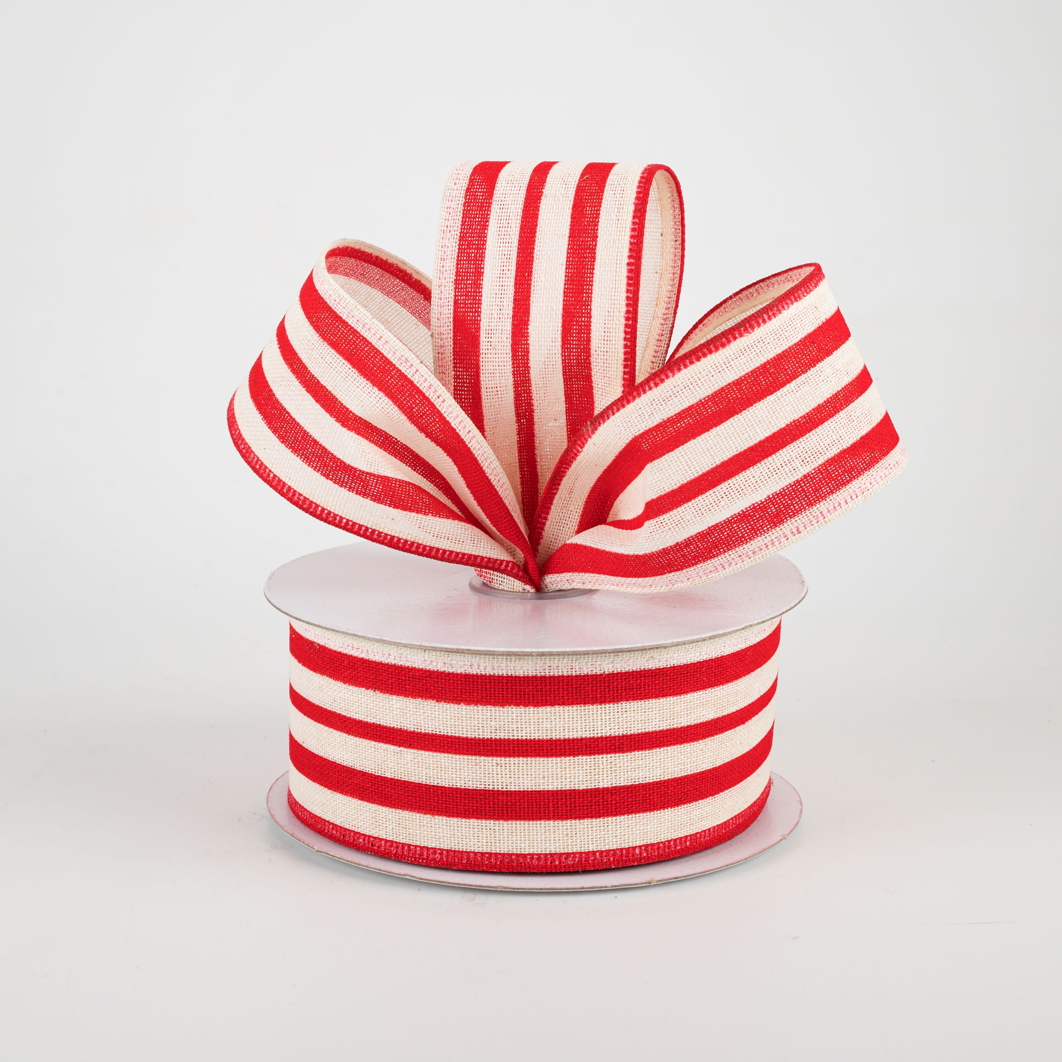 1.5" Vertical Variated Stripes Ribbon: Ivory & Red (10 Yards) Lifestyle Photo