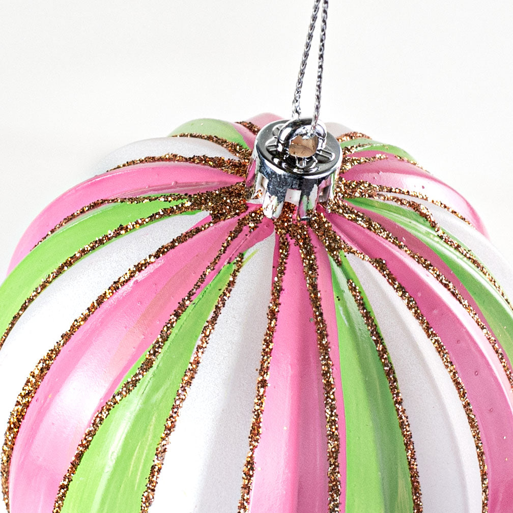 3" Very Sweet Stripe Ball Ornament: Pink & Green detail photo 3