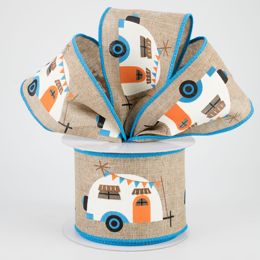 2.5" Vintage Campers Ribbon: Dark Natural, Blue, Orange (10 Yards) Lifestyle Photo