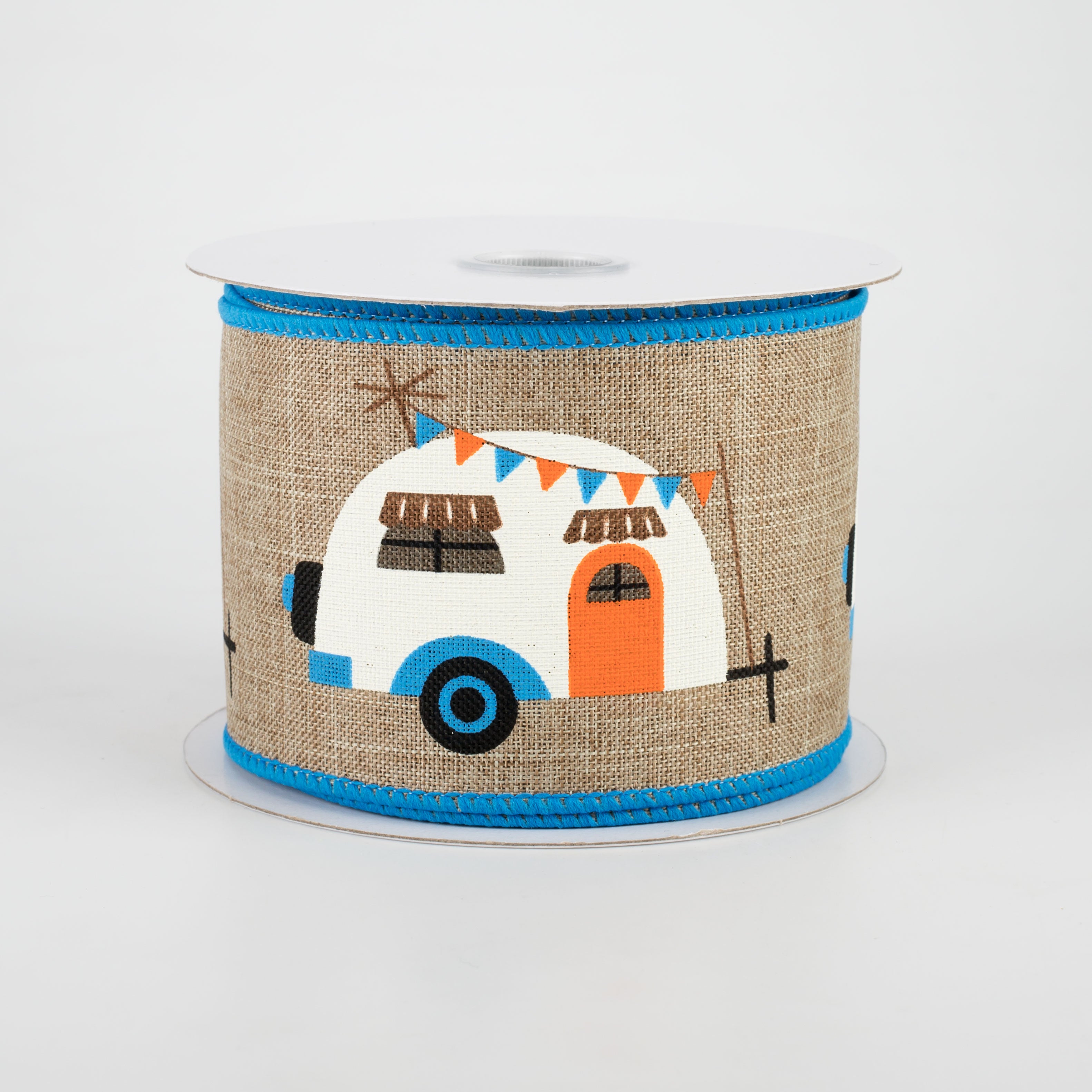 2.5" Vintage Campers Ribbon: Dark Natural, Blue, Orange (10 Yards) Item Number: 41037-40-19