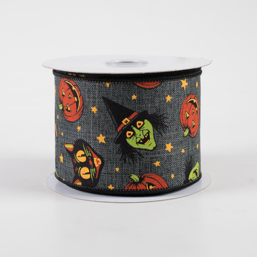 2.5" Vintage Cat, Witch, Jack-O-Lantern Ribbon: Charcoal (10 Yards)