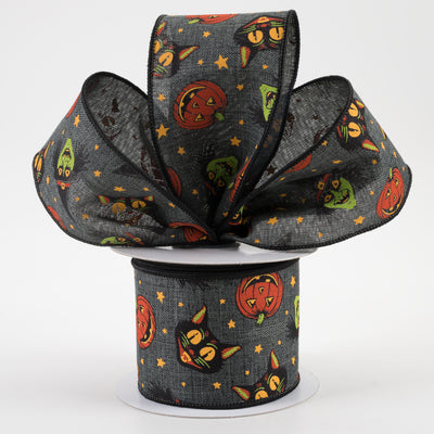 2.5" Vintage Cat, Witch, Jack-O-Lantern Ribbon: Charcoal (10 Yards) Lifestyle Photo