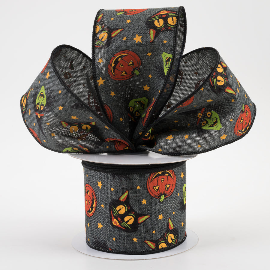 2.5" Vintage Cat, Witch, Jack-O-Lantern Ribbon: Charcoal (10 Yards) Lifestyle Photo