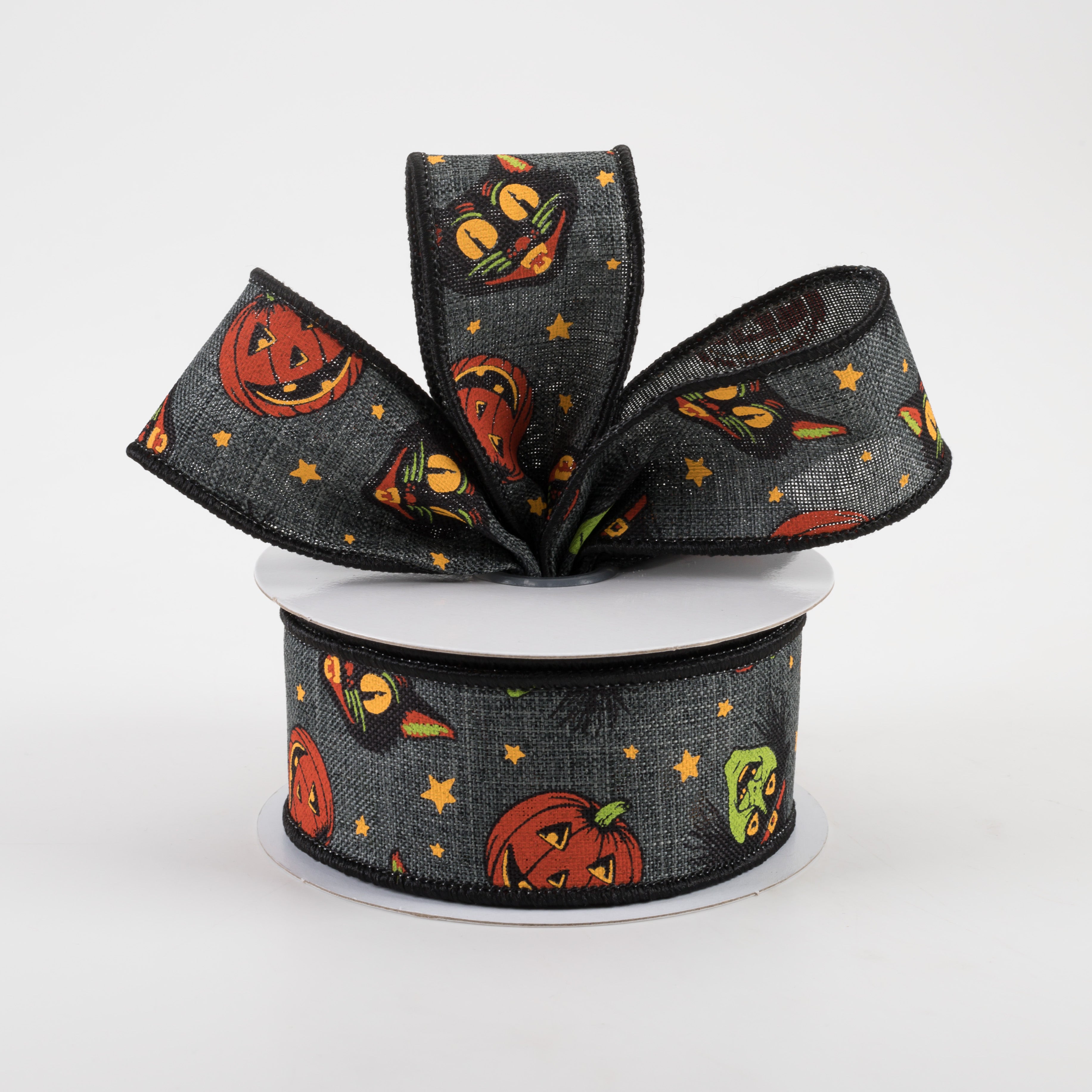 1.5" Vintage Cat, Witch, Jack-O-Lantern Ribbon: Charcoal (10 Yards) Lifestyle Photo