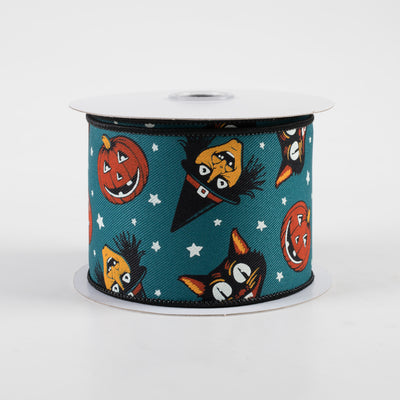 2.5" Vintage Cat, Witch, Jack-O-Lantern Ribbon: Dark Teal (10 Yards)