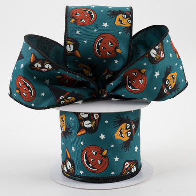 2.5" Vintage Cat, Witch, Jack-O-Lantern Ribbon: Dark Teal (10 Yards) Lifestyle Photo