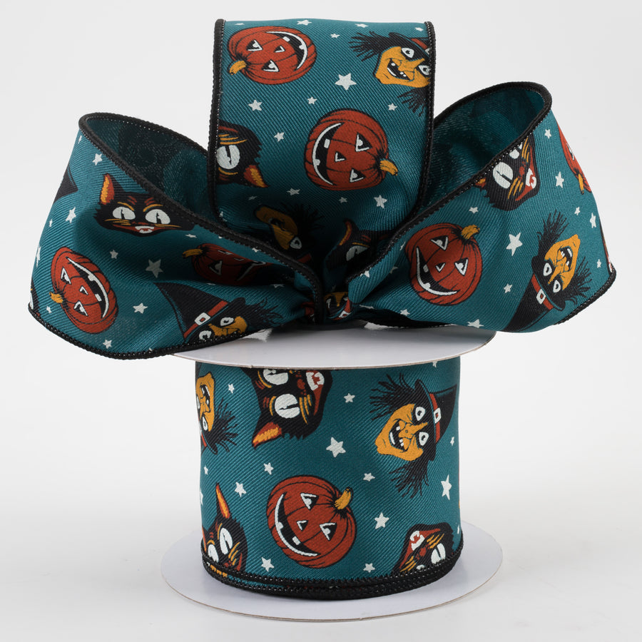 2.5" Vintage Cat, Witch, Jack-O-Lantern Ribbon: Dark Teal (10 Yards) Lifestyle Photo