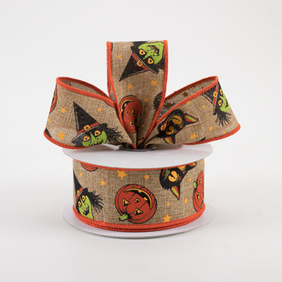 1.5" Vintage Cat, Witch, Jack-O-Lantern Ribbon: Two-Tone Brown (10 Yards) Lifestyle Photo