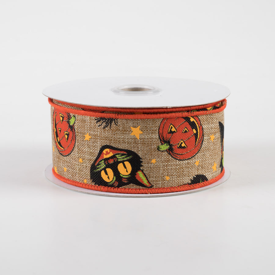 1.5" Vintage Cat, Witch, Jack-O-Lantern Ribbon: Two-Tone Brown (10 Yards)