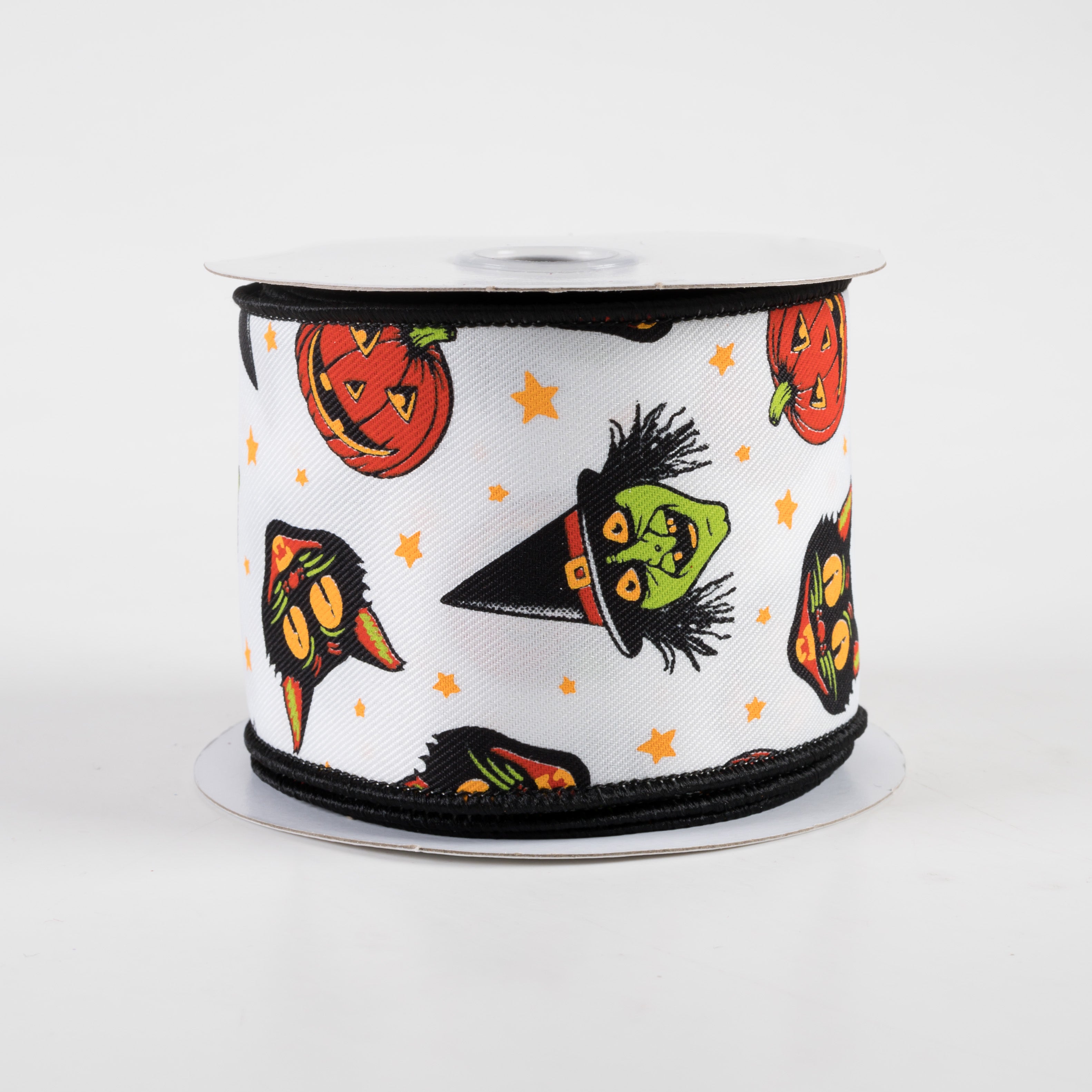 2.5" Vintage Cat, Witch, Jack-O-Lantern Ribbon: White (10 Yards)