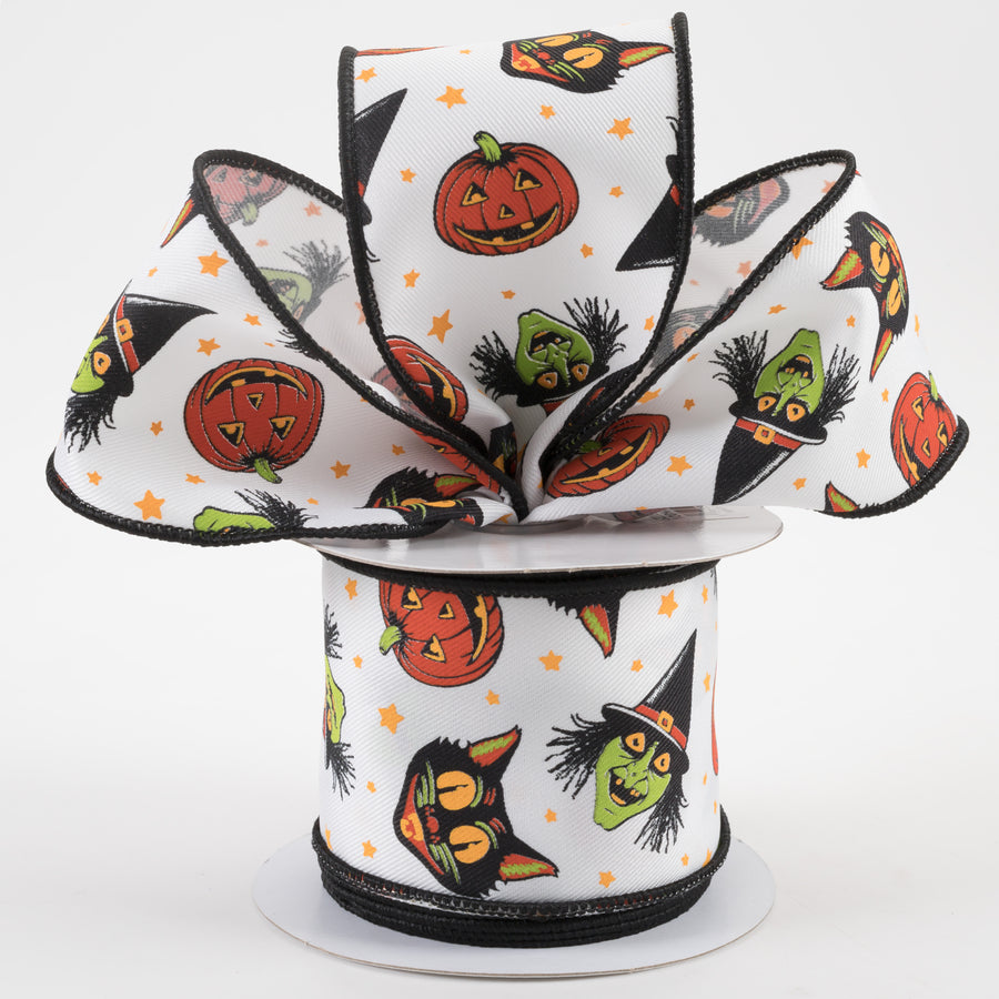 2.5" Vintage Cat, Witch, Jack-O-Lantern Ribbon: White (10 Yards) Lifestyle Photo