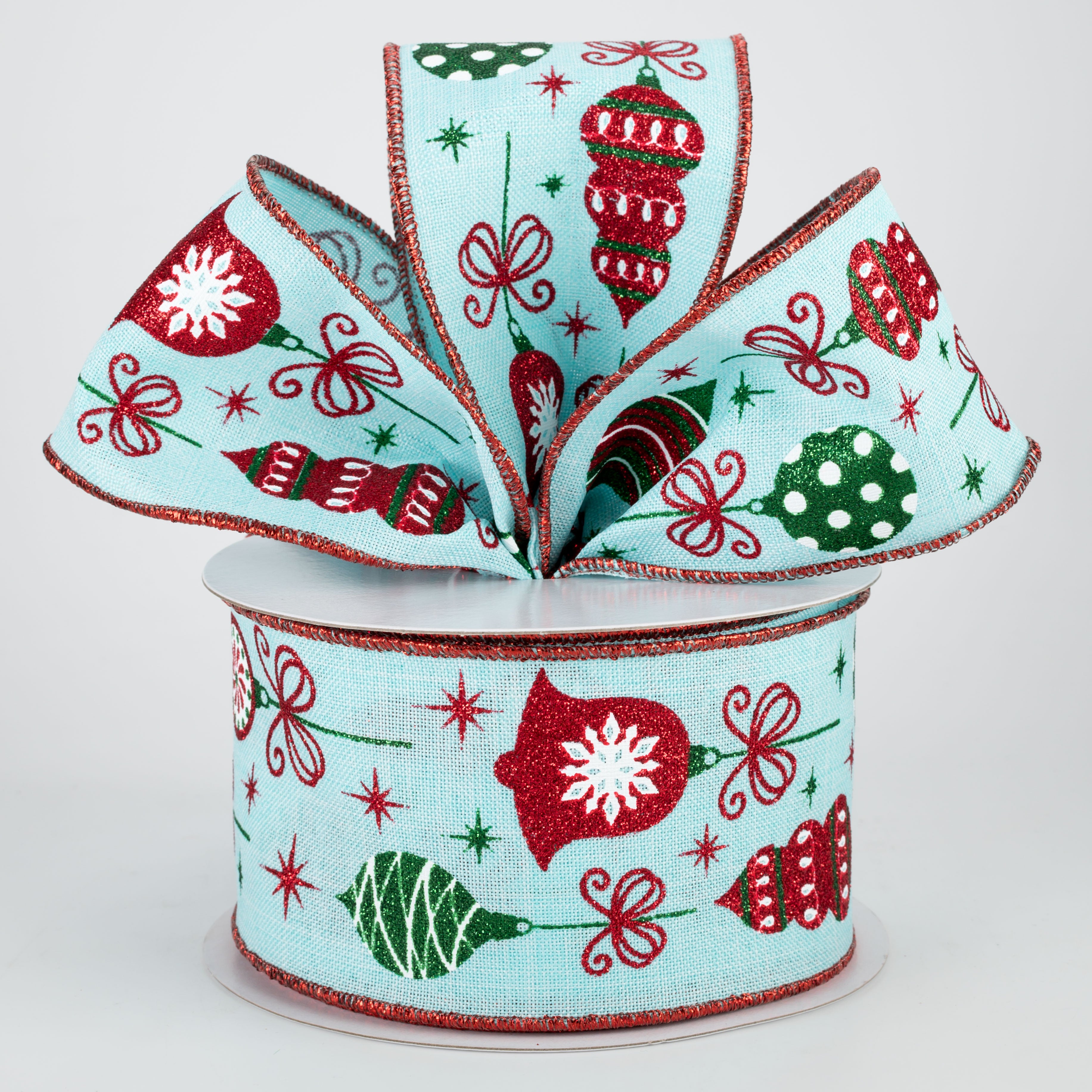 2.5" Vintage Christmas Ornaments Ribbon: Ice Blue, Red, Green (10 Yards) Lifestyle Photo
