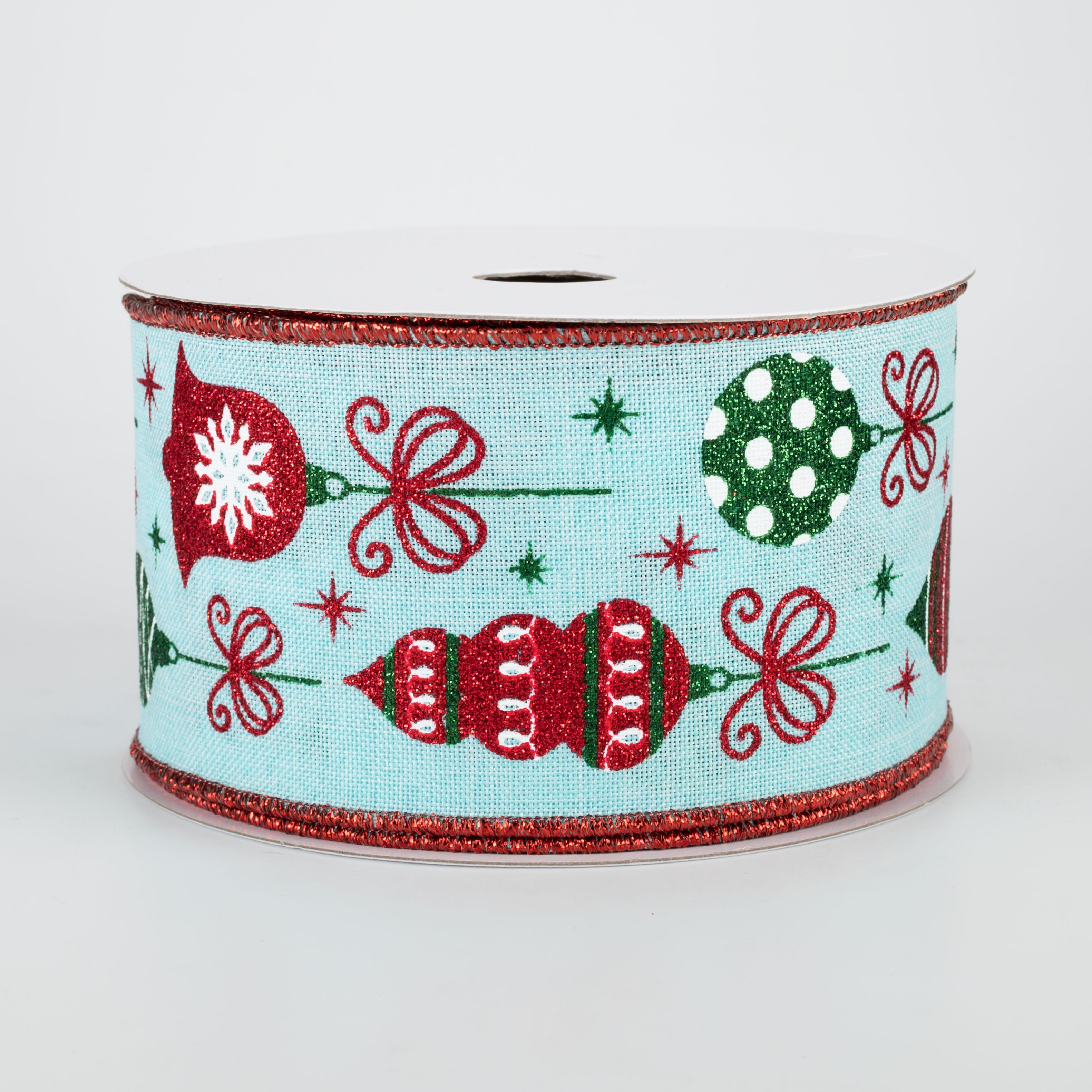 2.5" Vintage Christmas Ornaments Ribbon: Ice Blue, Red, Green (10 Yards)