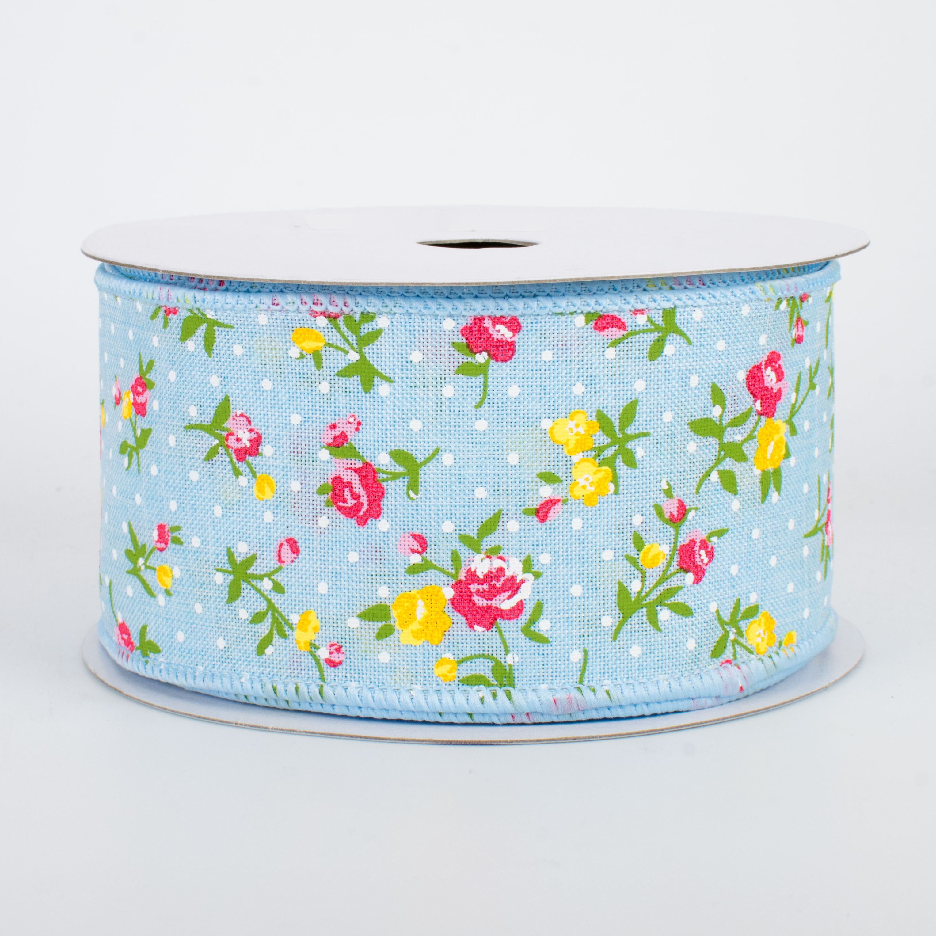 2.5" Vintage Floral Dots Ribbon: Pale Blue (10 Yards)