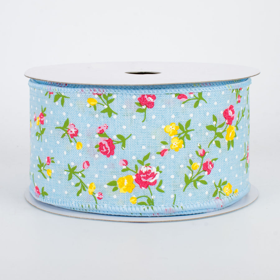 2.5" Vintage Floral Dots Ribbon: Pale Blue (10 Yards)