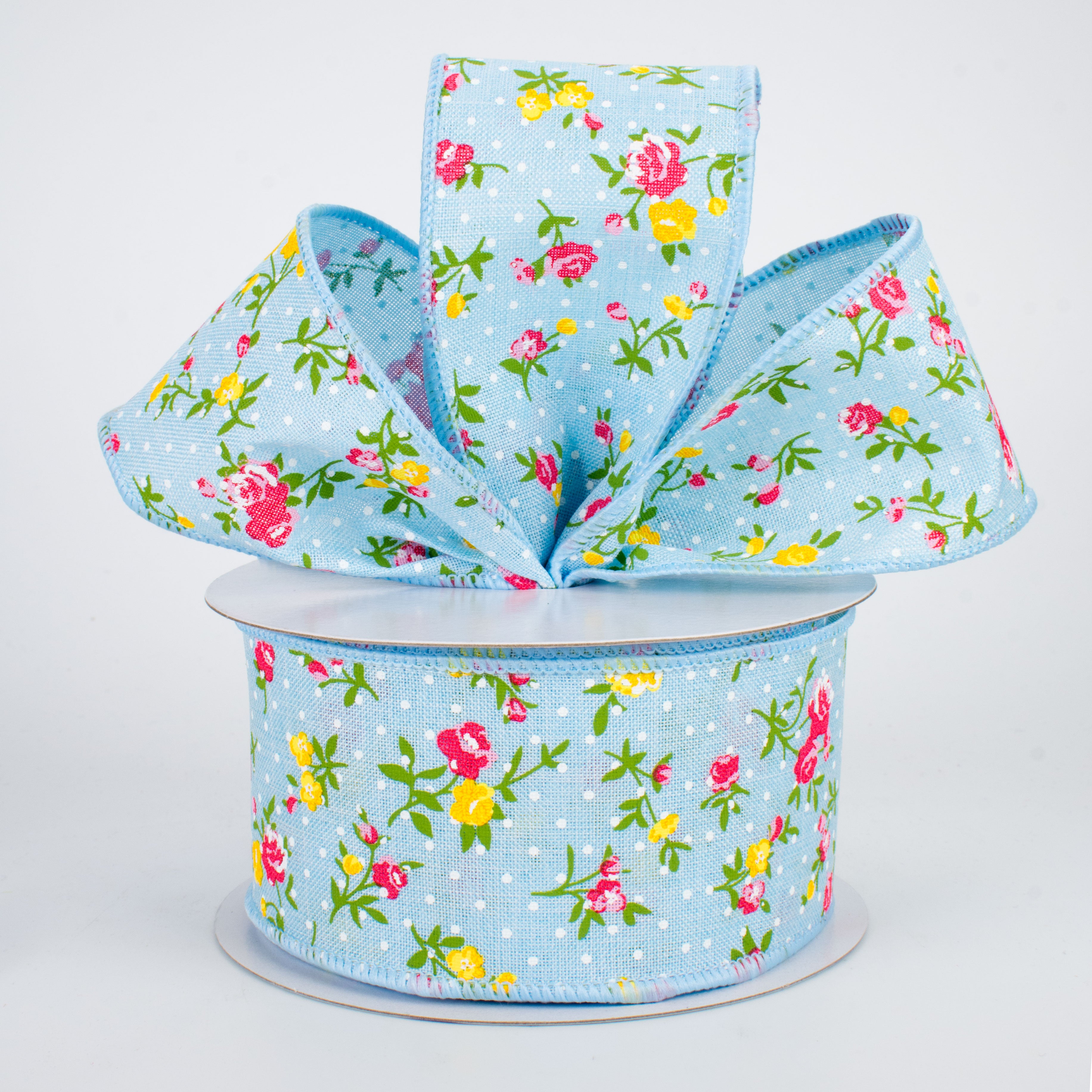 2.5" Vintage Floral Dots Ribbon: Pale Blue (10 Yards) Lifestyle Photo