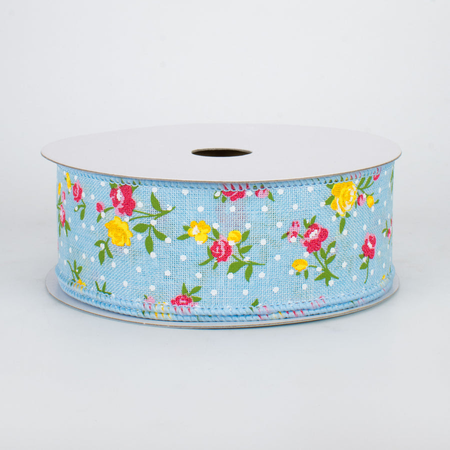 1.5" Vintage Floral Dots Ribbon: Pale Blue (10 Yards)