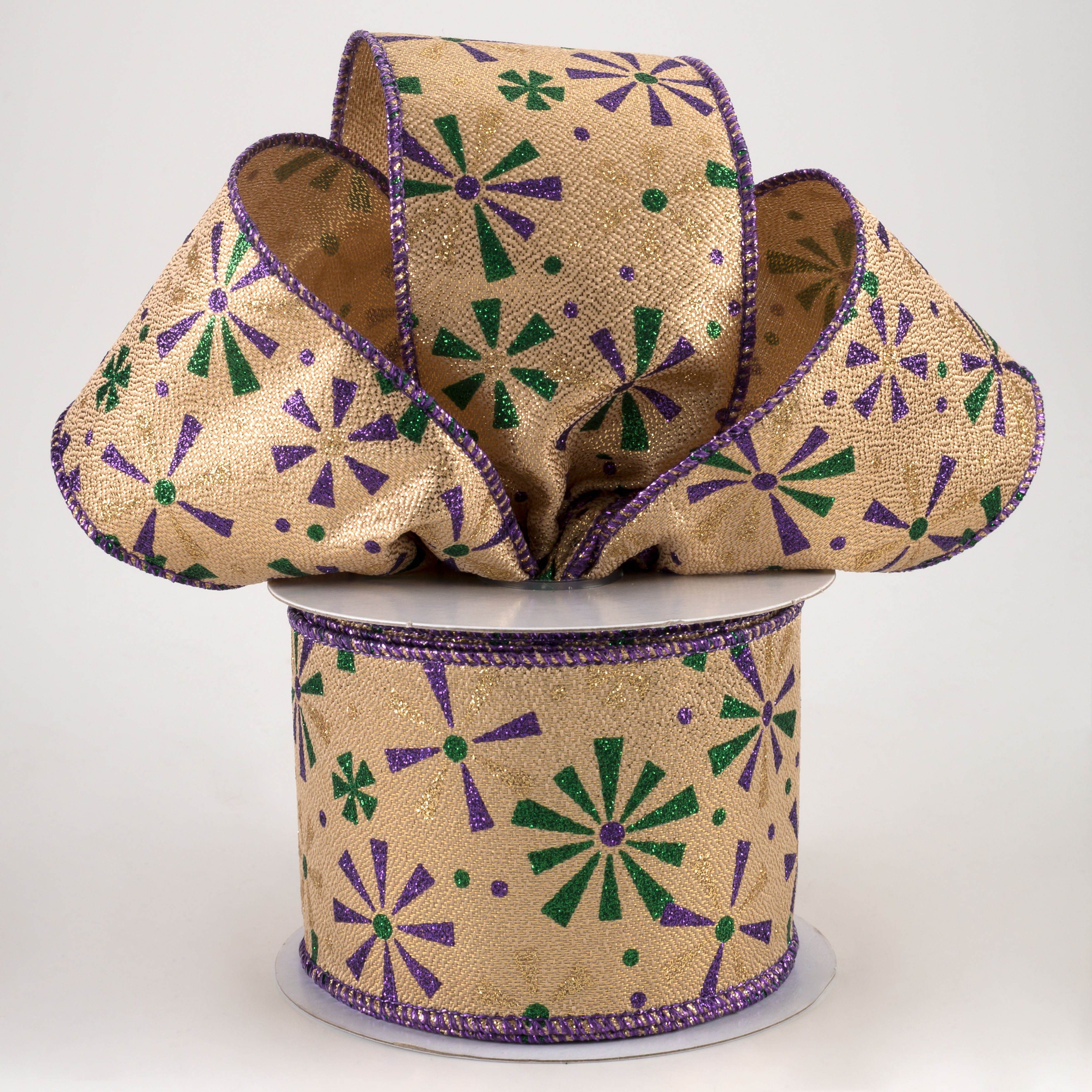 2.5" Vintage Pinwheels Ribbon: Gold Mardi Gras (10 Yards) Lifestyle Photo