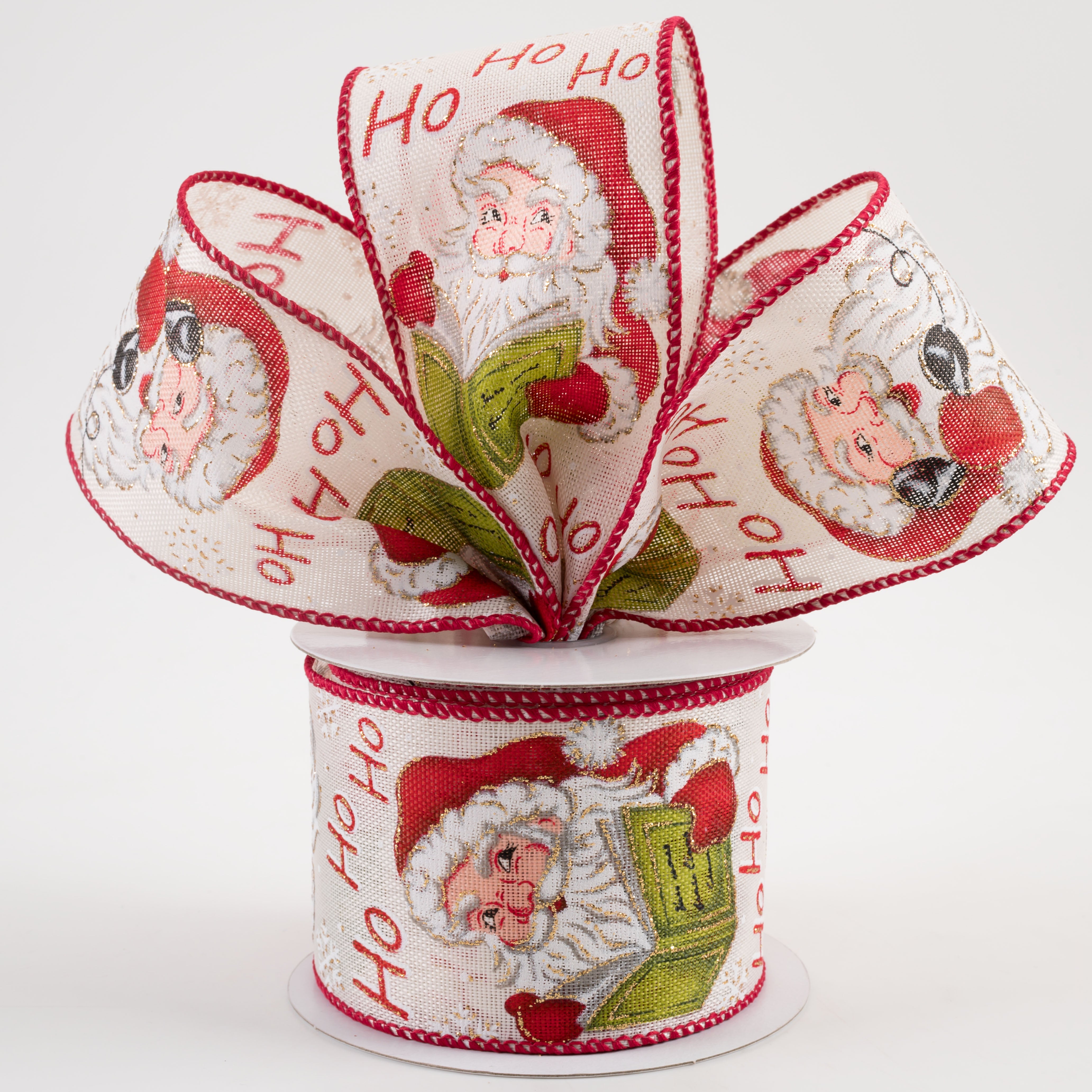 2.5" Vintage Snowflake Santa Ho Ho Ho Ribbon: Ivory (10 Yards) Lifestyle Photo