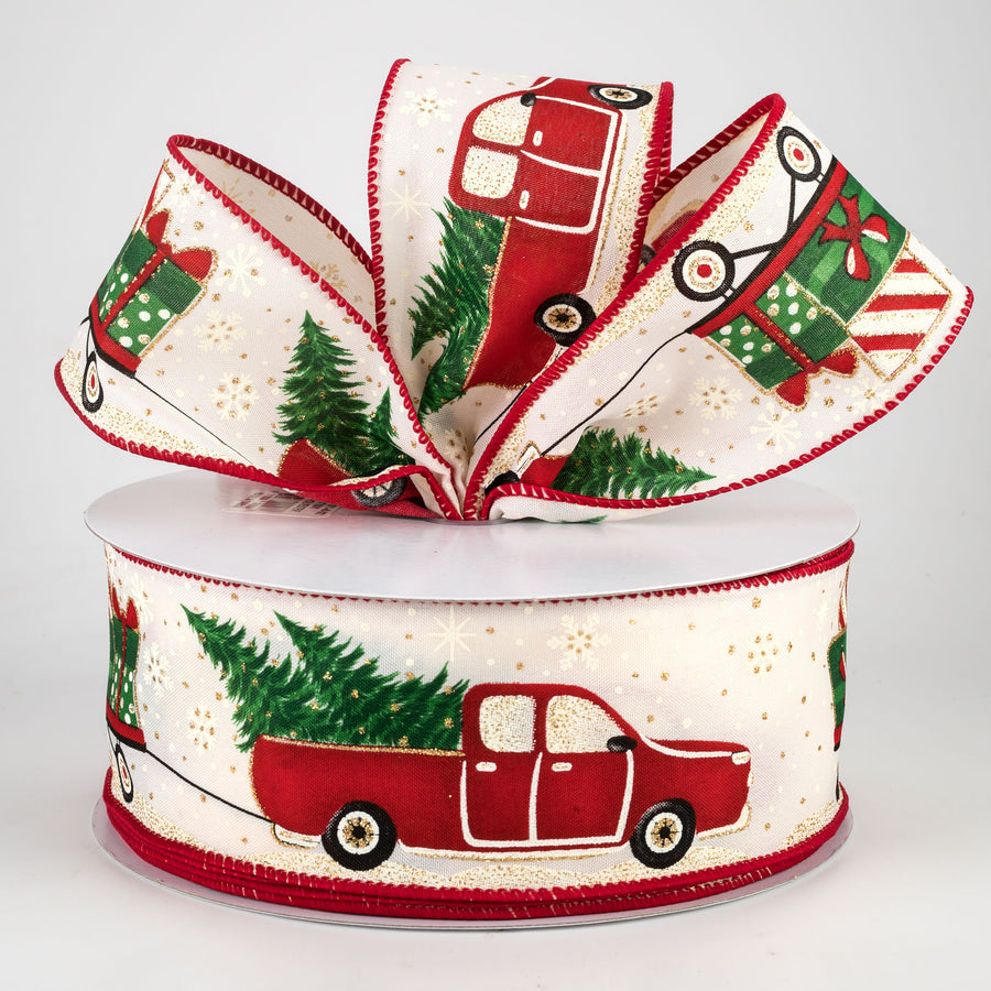 2.5" Vintage Truck Pulling Gift Wagon Ribbon: Cream (50 Yards) Lifestyle Photo
