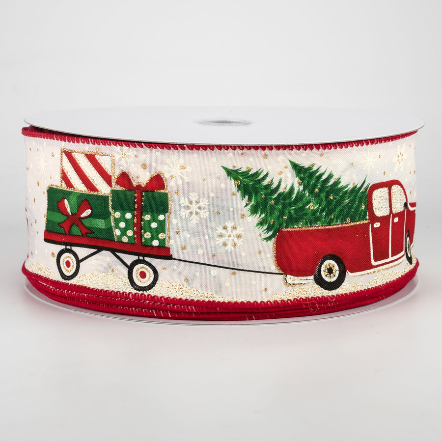 2.5" Vintage Truck Pulling Gift Wagon Ribbon: Cream (50 Yards)