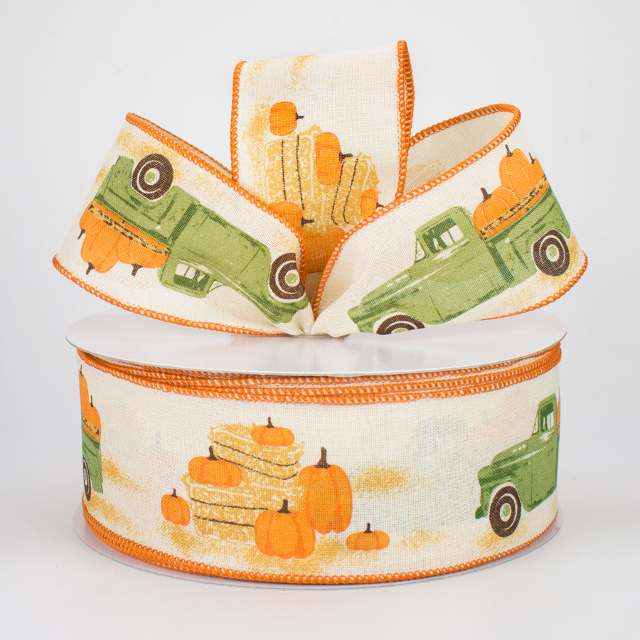 2.5" Vintage Truck With Pumpkins Ribbon: Cream (50 Yards) Lifestyle Photo