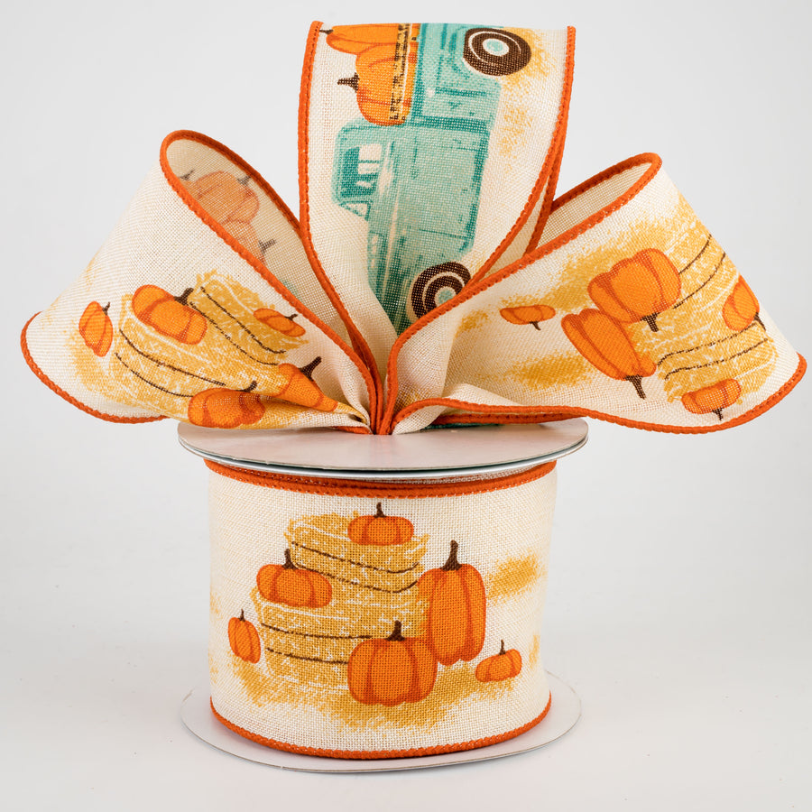 2.5" Vintage Truck With Pumpkins Ribbon: Cream & Teal (10 Yards) Lifestyle Photo