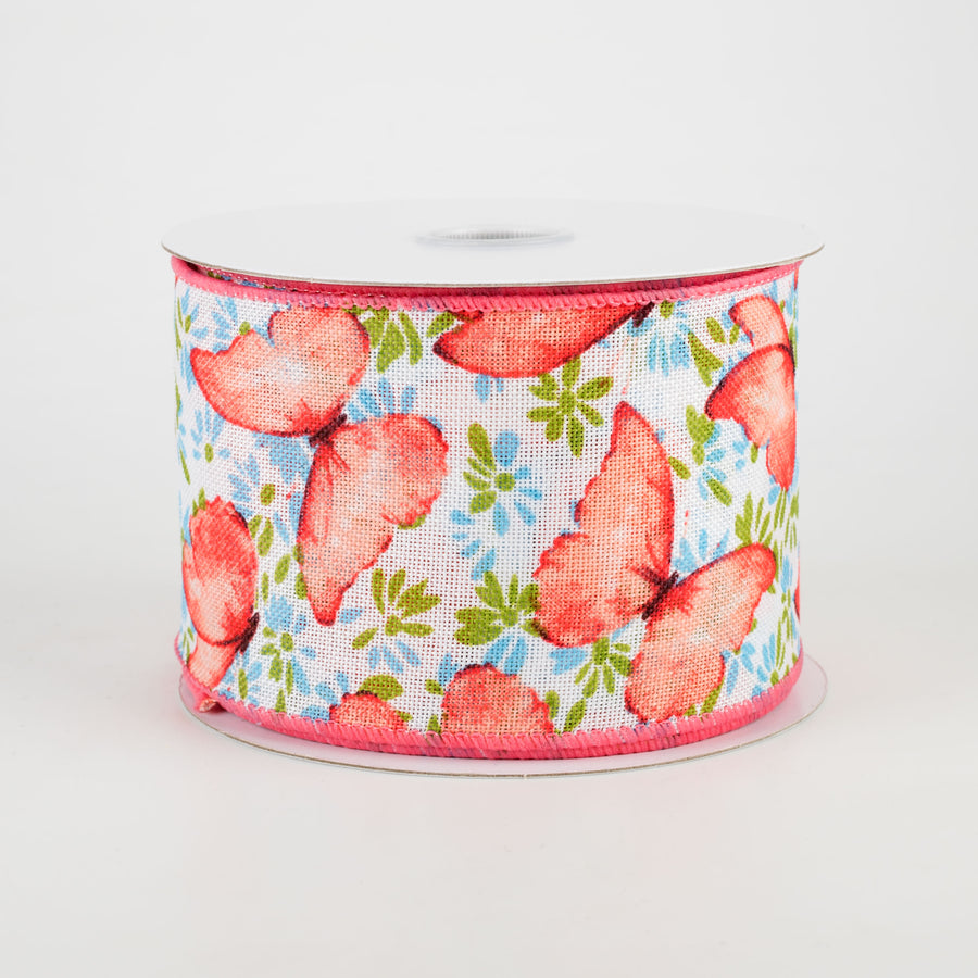2.5" Watercolor Butterflies Ribbon: Coral (10 Yards) Item Number: 41023-40-46