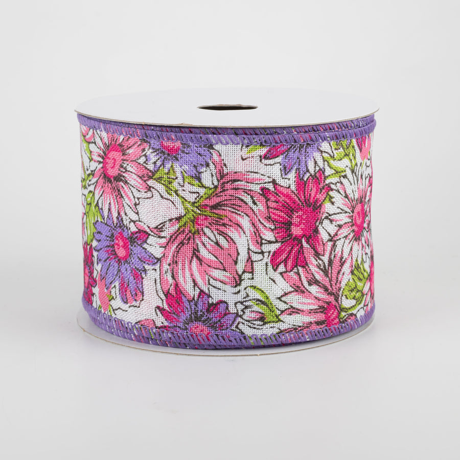 2.5" Watercolor Daisies Ribbon: Pink & Purple (10 Yards) Item Number: 41119-40-48