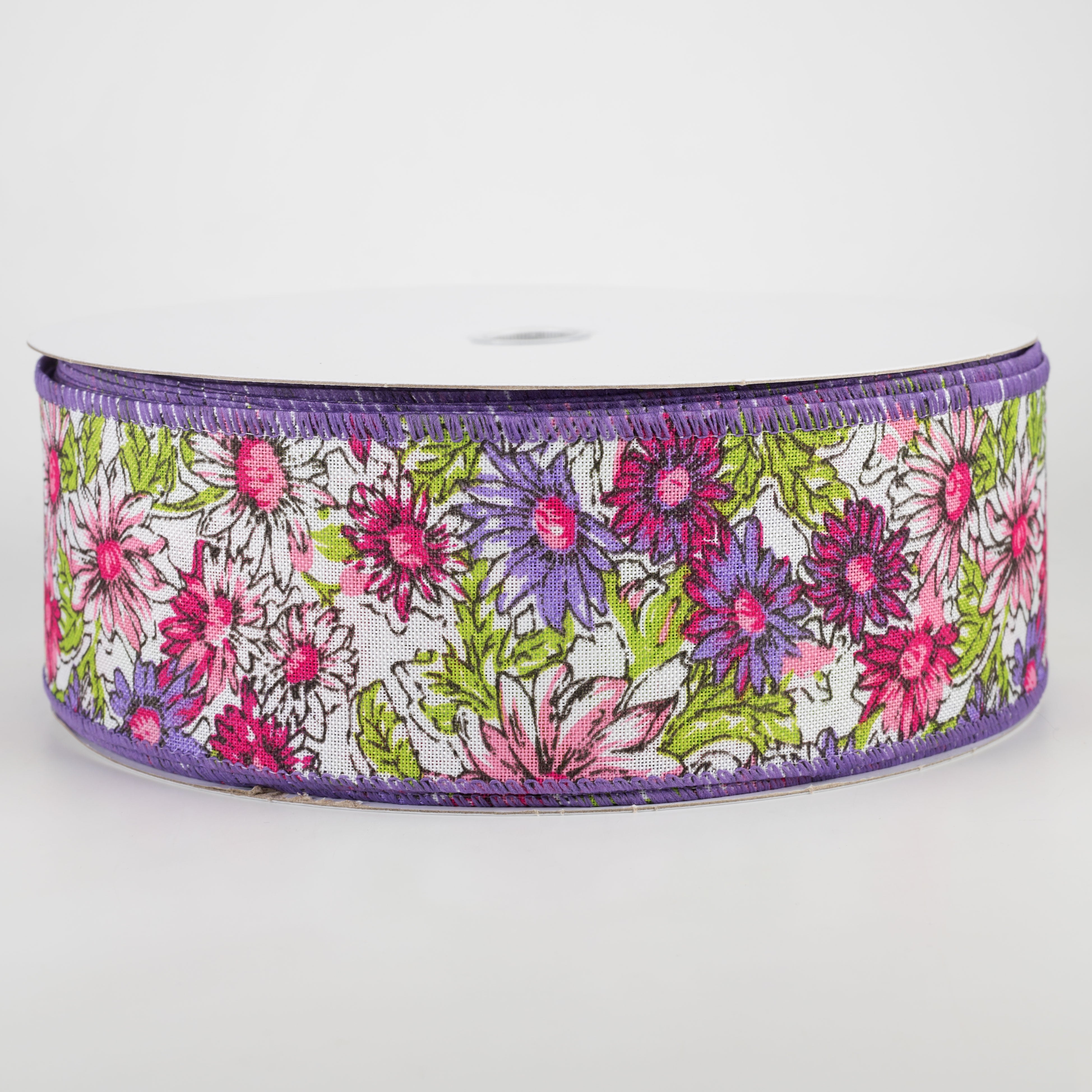 2.5" Watercolor Daisies Ribbon: Pink & Purple (50 Yards) Item Number: 841-40-108