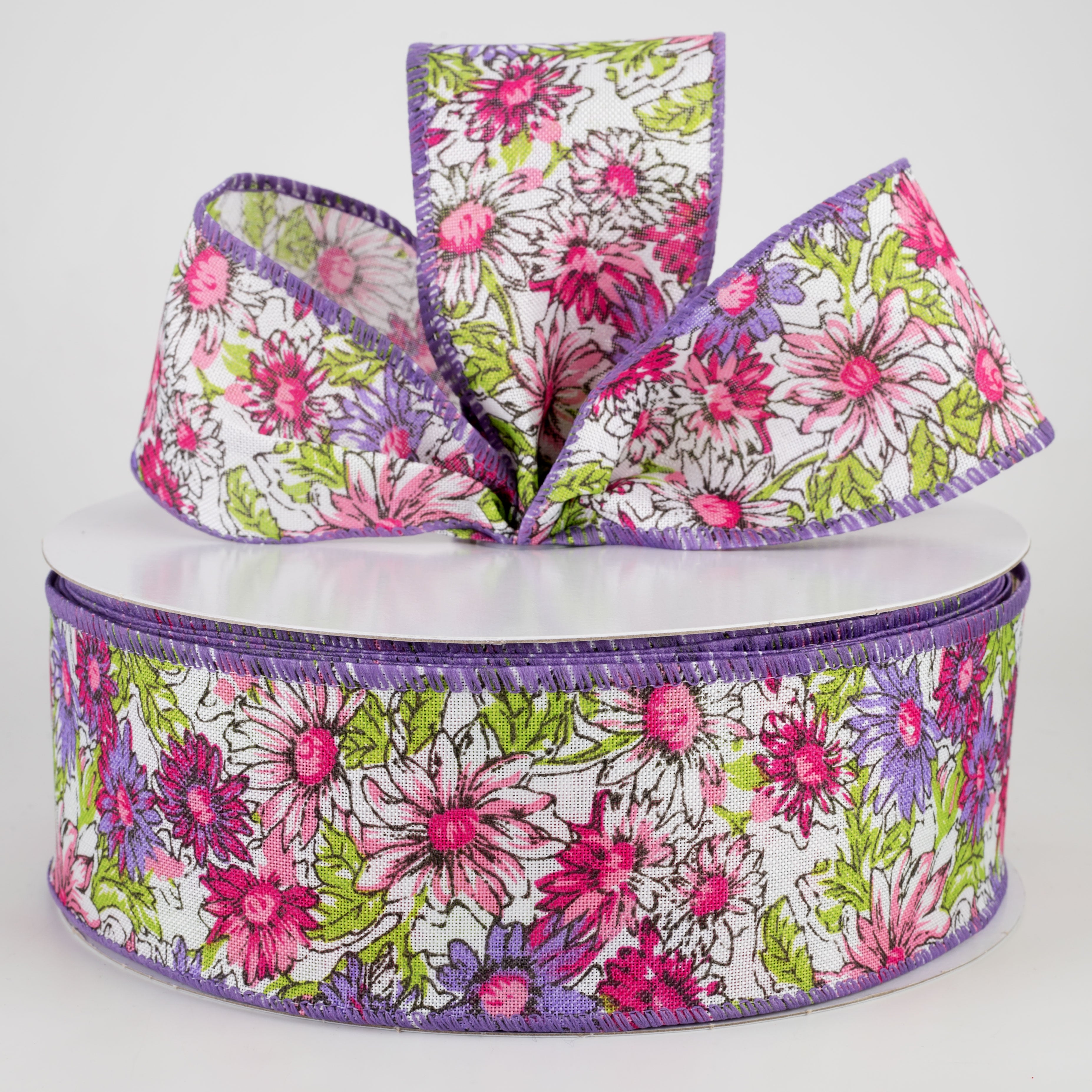 2.5" Watercolor Daisies Ribbon: Pink & Purple (50 Yards) Lifestyle Photo