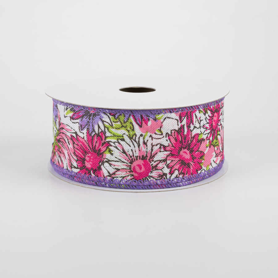1.5" Watercolor Daisies Ribbon: Pink & Purple (10 Yards)
