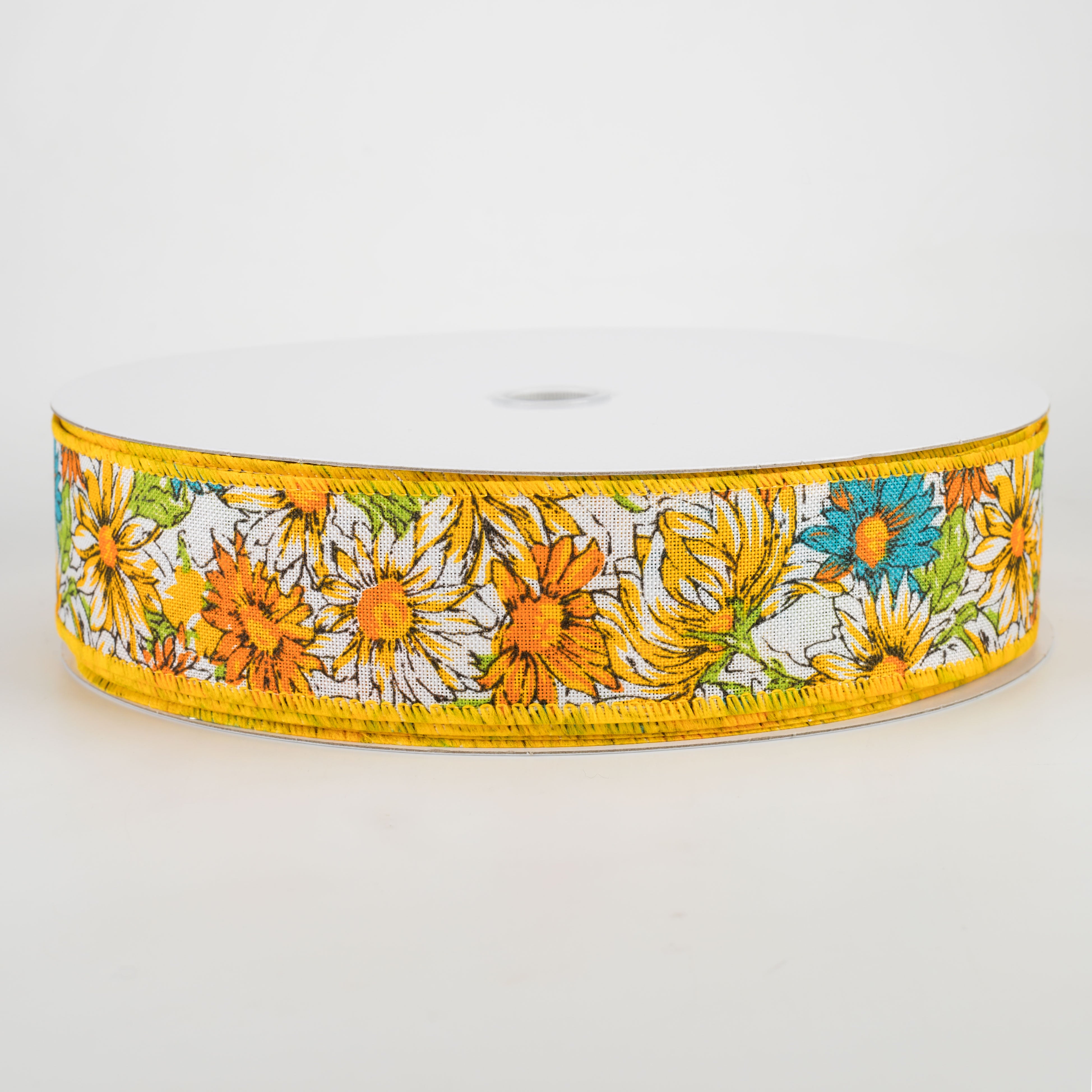 1.5" Watercolor Daisies Ribbon: Yellow & Teal (50 Yards)