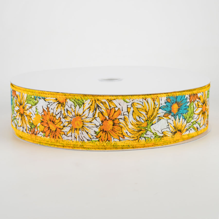 1.5" Watercolor Daisies Ribbon: Yellow & Teal (50 Yards)
