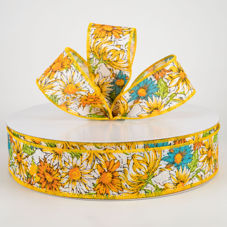 1.5" Watercolor Daisies Ribbon: Yellow & Teal (50 Yards) Lifestyle Photo