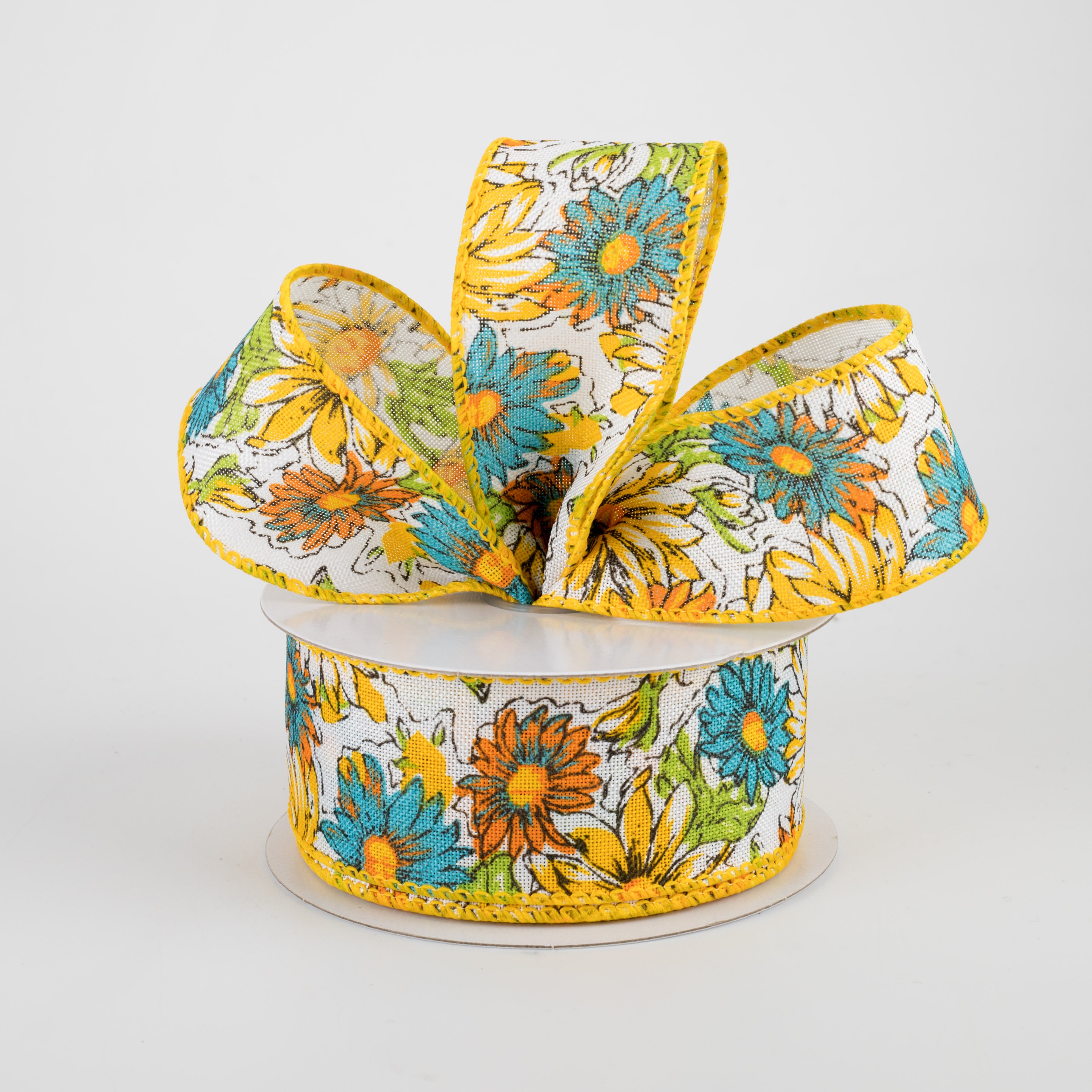 1.5" Watercolor Daisies Ribbon: Yellow & Teal (10 Yards) Lifestyle Photo