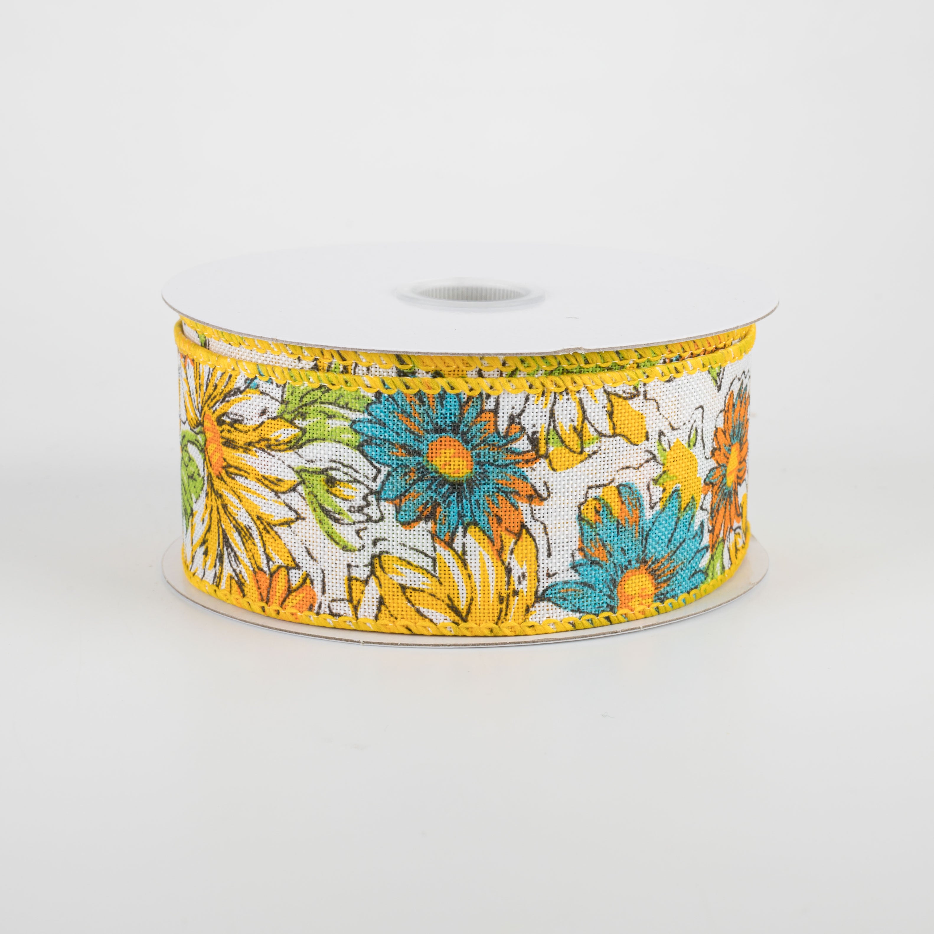 1.5" Watercolor Daisies Ribbon: Yellow & Teal (10 Yards)