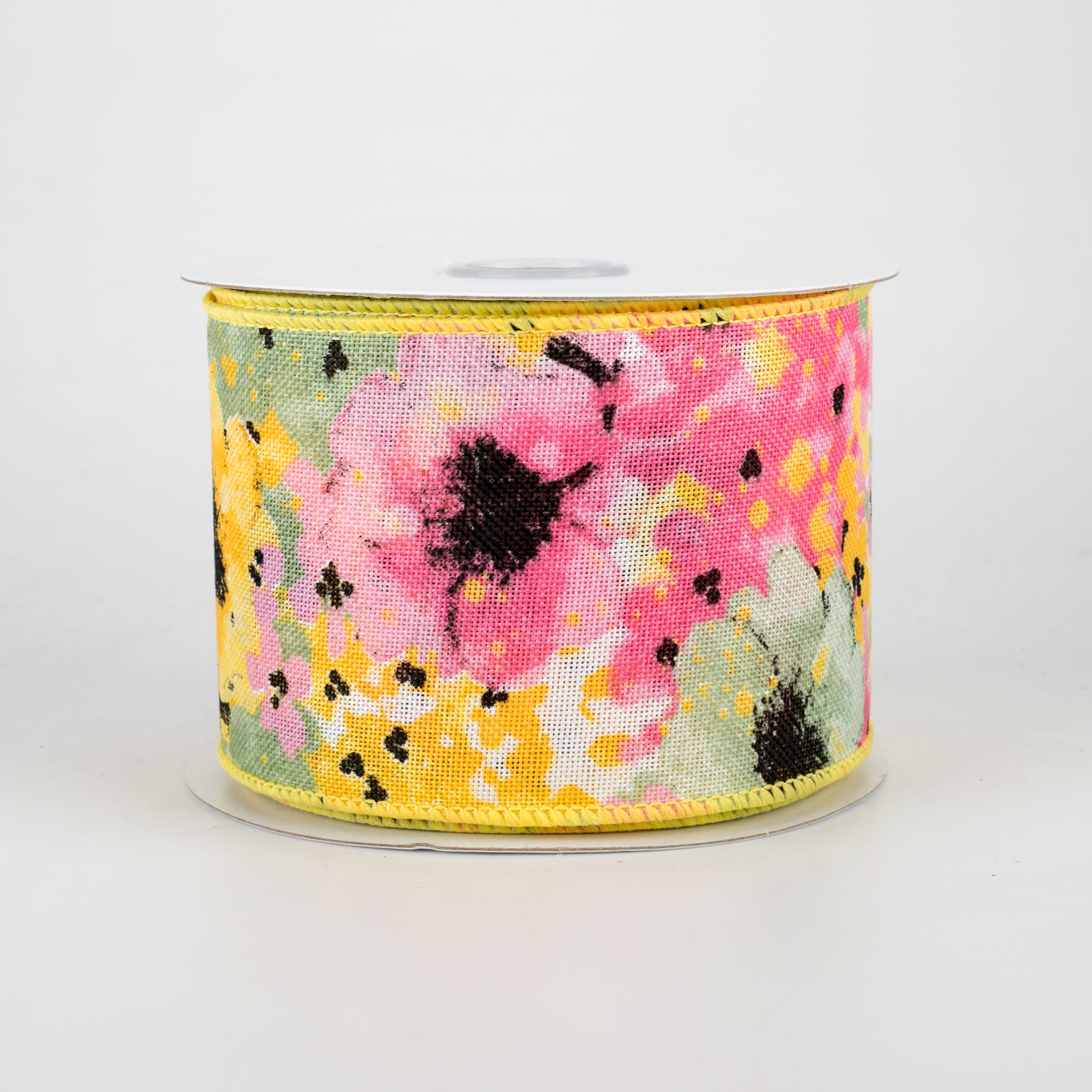 2.5" Watercolor Floral Ribbon: Pink, Sage, Yellow (10 Yards)