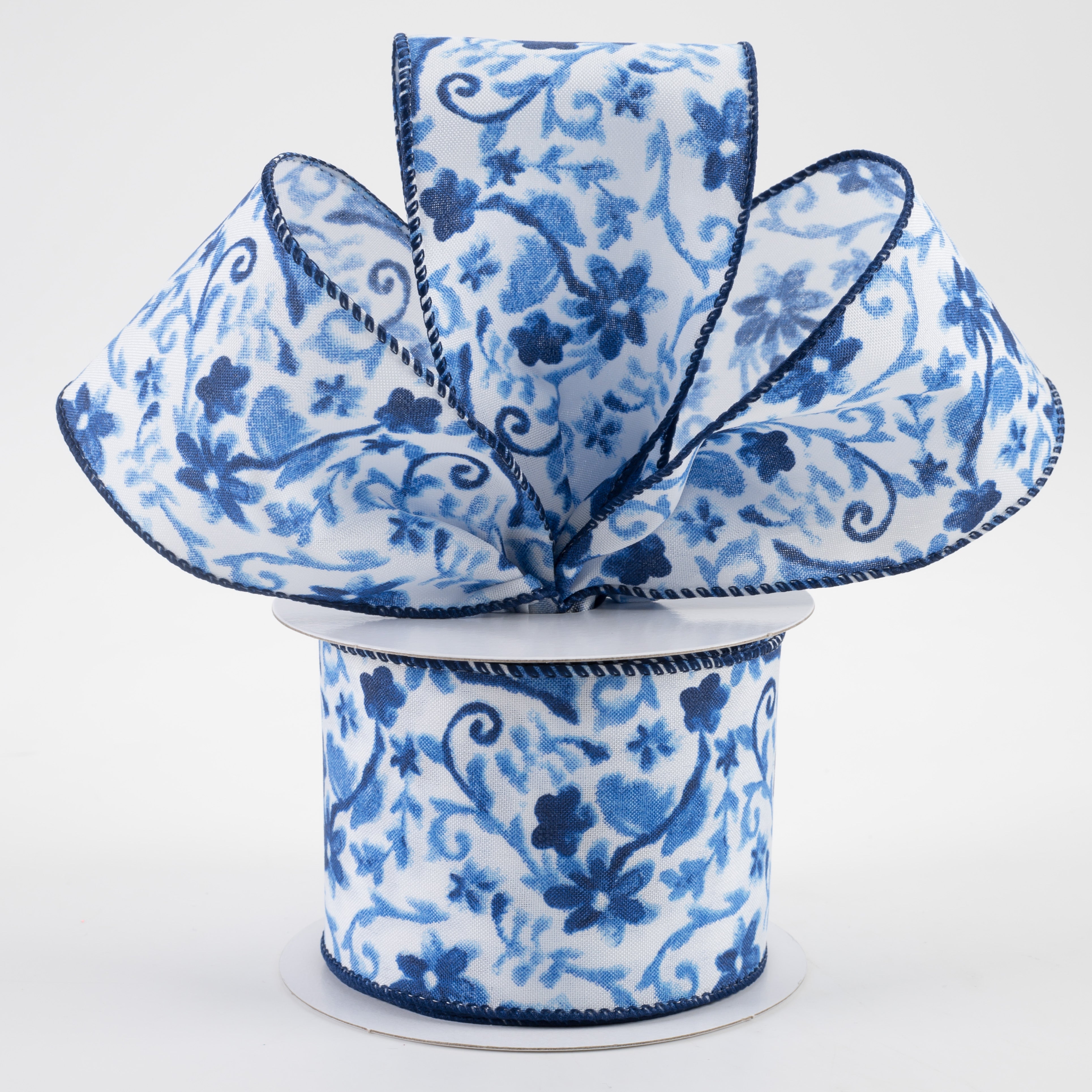 2.5" Watercolor Flower Branches Satin Ribbon: Blues (10 Yards) Lifestyle Photo