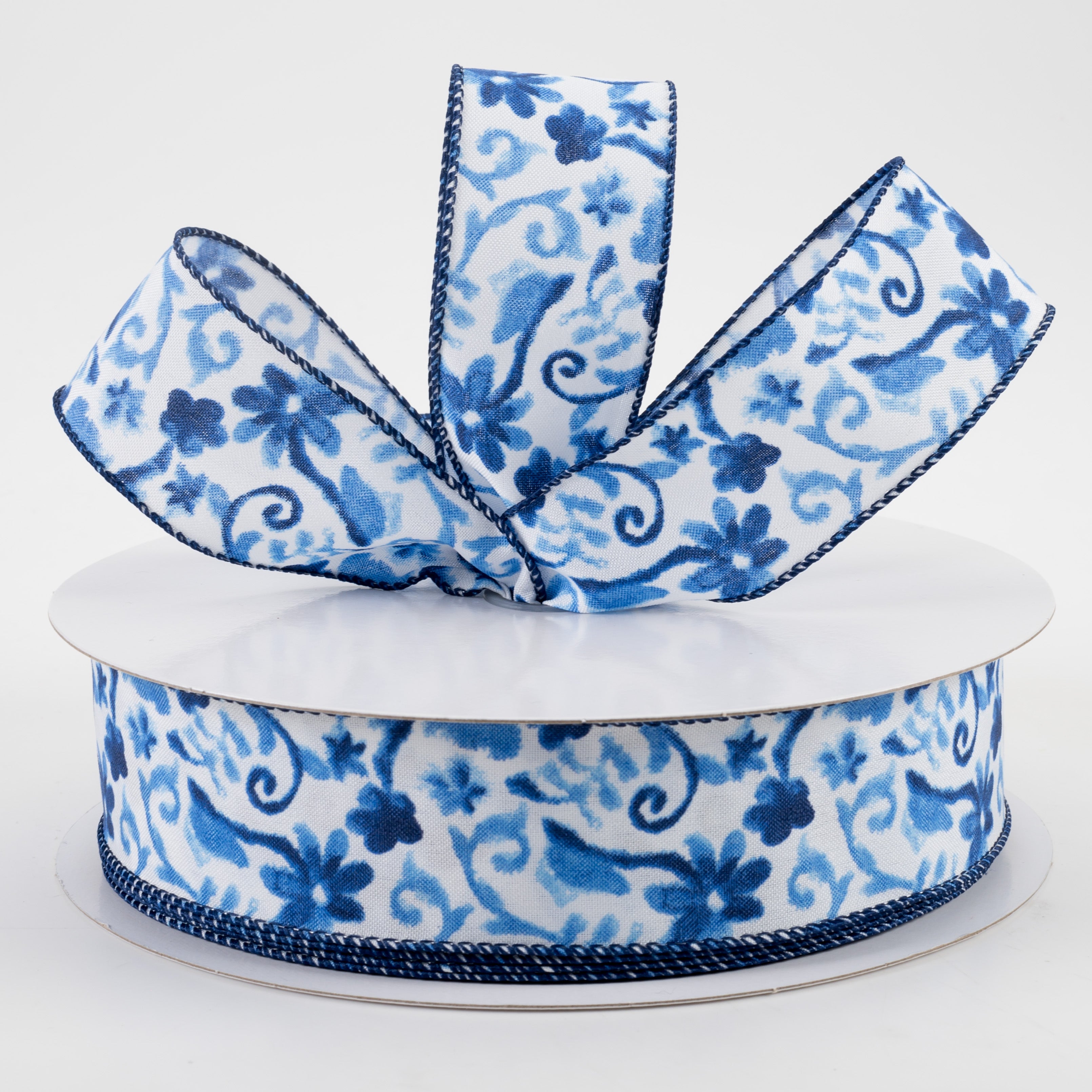 1.5" Watercolor Flower Branches Satin Ribbon: Blues (50 Yards) Lifestyle Photo