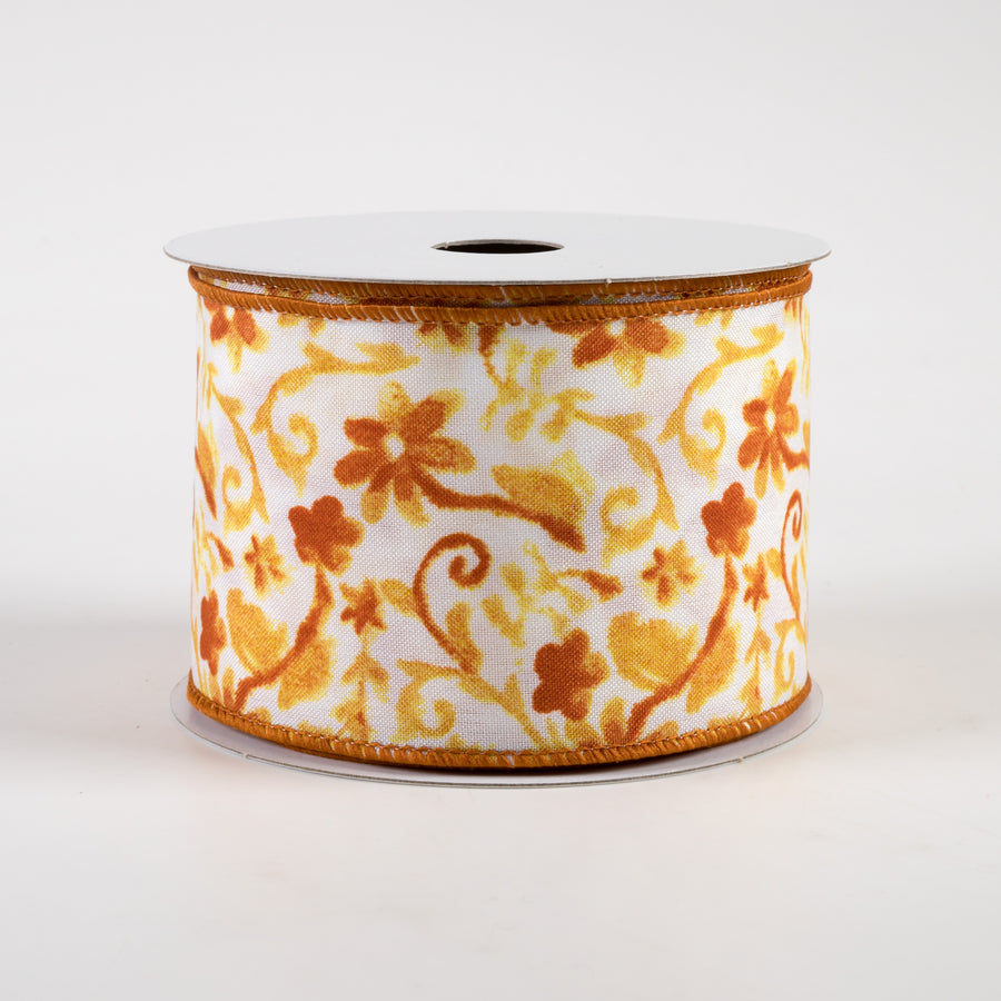 2.5" Watercolor Flower Branches Satin Ribbon: Orange & Yellow (10 Yards)