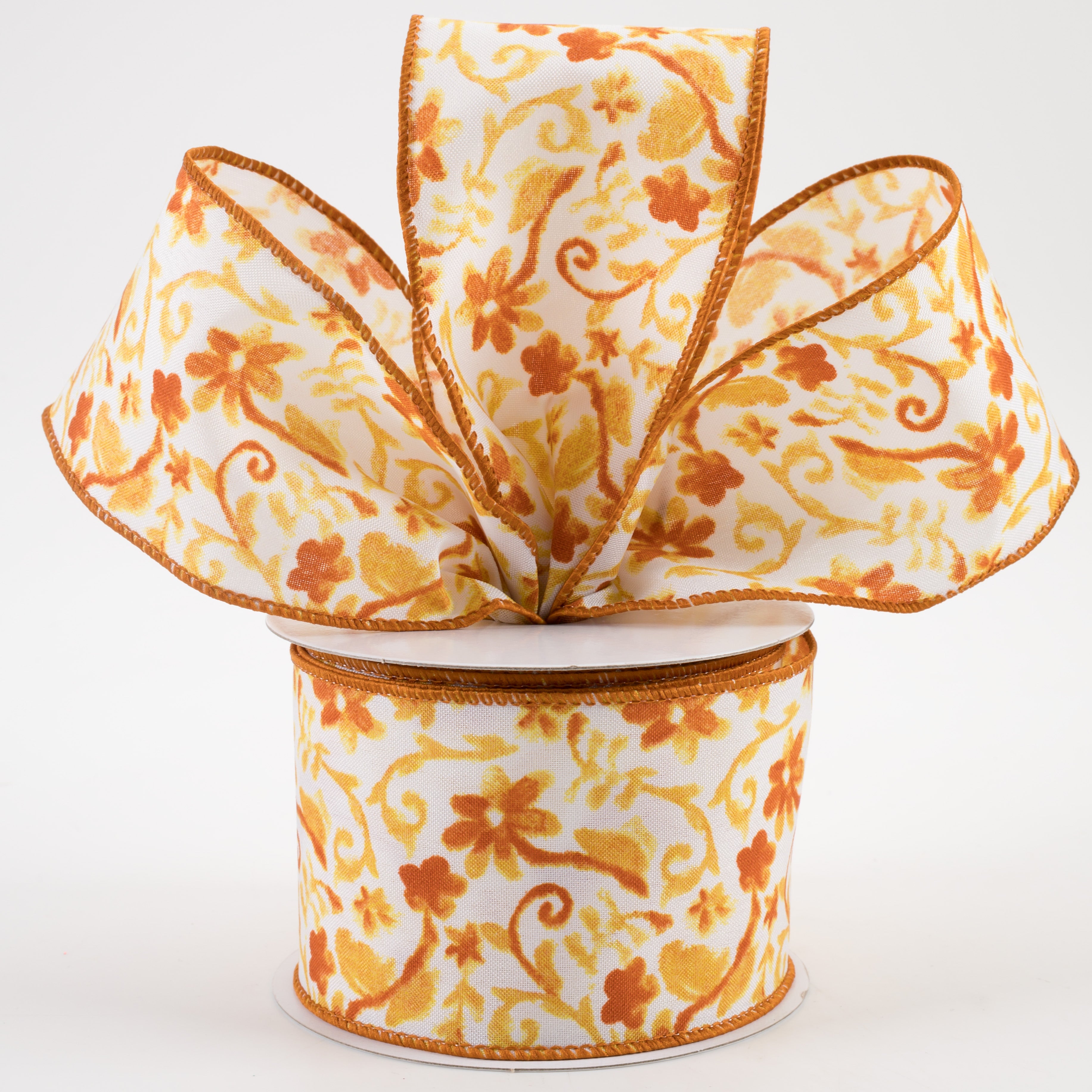 2.5" Watercolor Flower Branches Satin Ribbon: Orange & Yellow (10 Yards) Lifestyle Photo