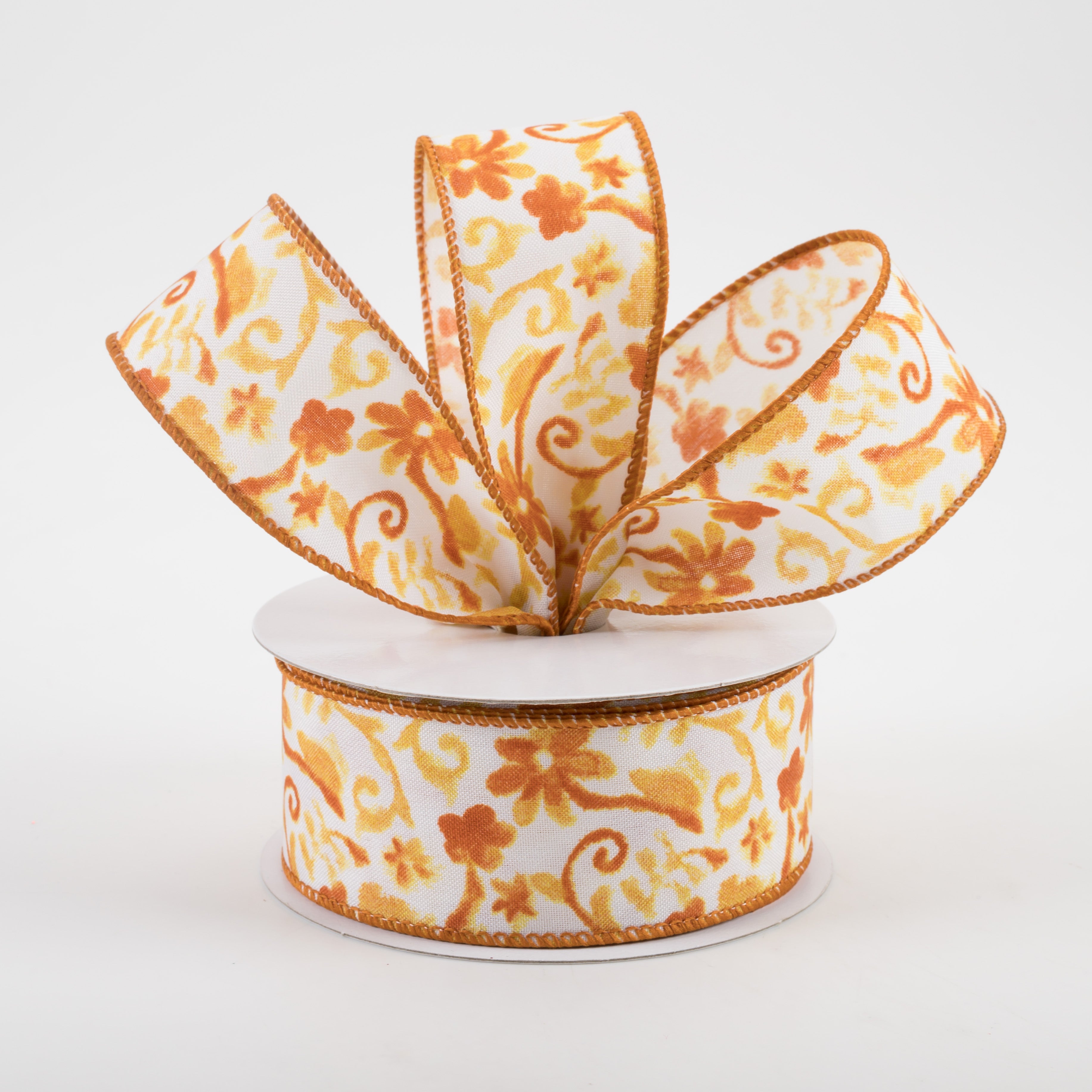 1.5" Watercolor Flower Branches Satin Ribbon: Orange & Yellow (10 Yards) Lifestyle Photo