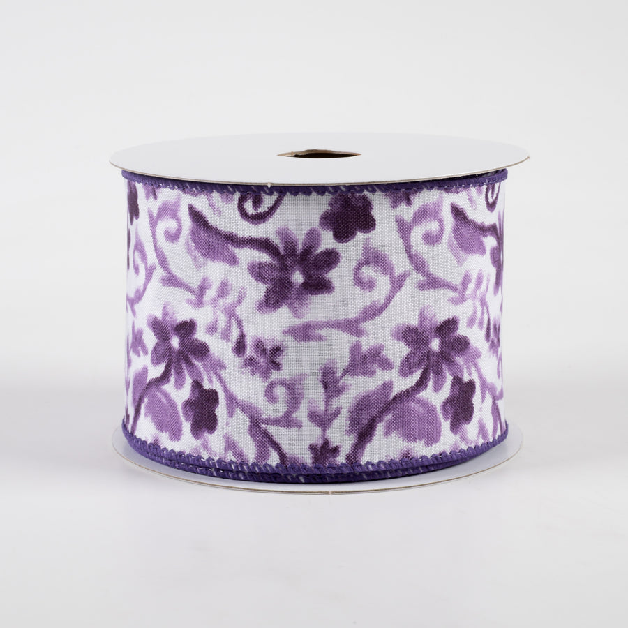 2.5" Watercolor Flower Branches Satin Ribbon: Purple (10 Yards)