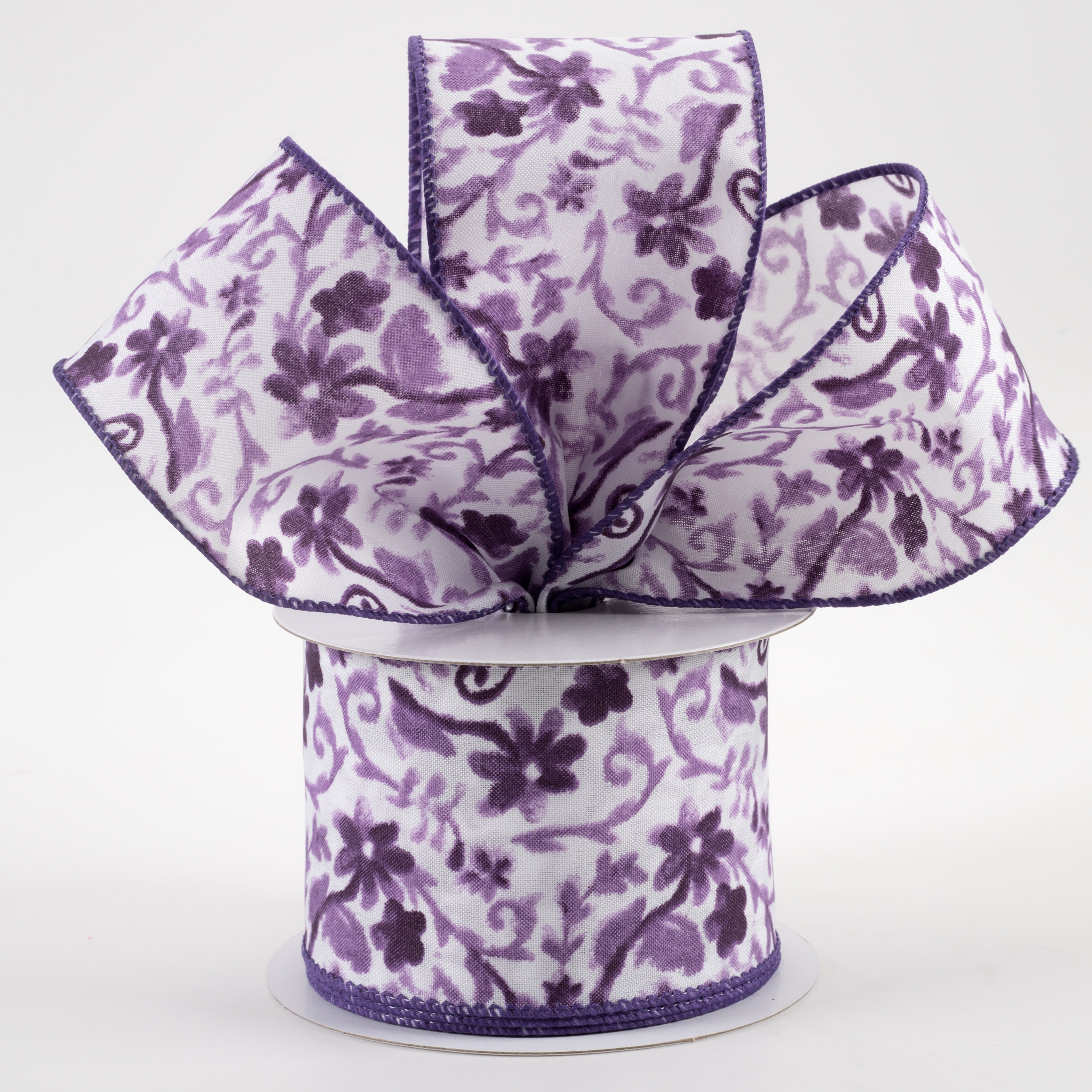2.5" Watercolor Flower Branches Satin Ribbon: Purple (10 Yards) Lifestyle Photo
